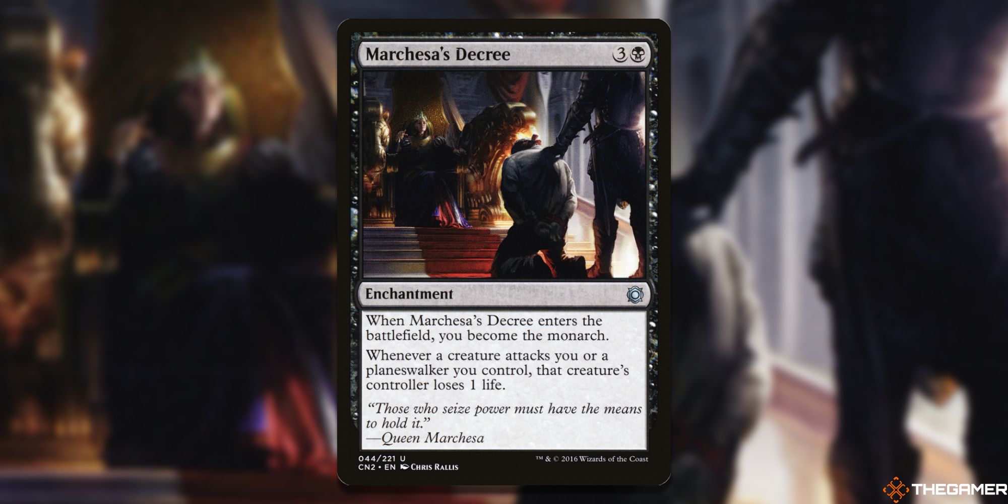 Image of the Marchesa's Decree  card in Magic: The Gathering, with artby Chris Rallis