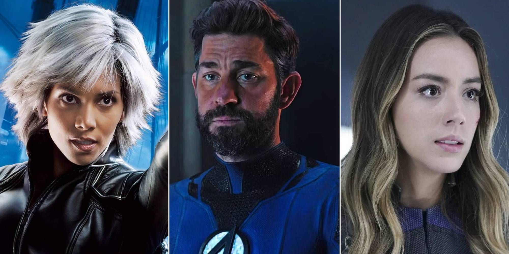 A collage of images showing Halle Berry as Storm, John Krasinski as Mr. Fantastic and Chloe Bennet as Quake
