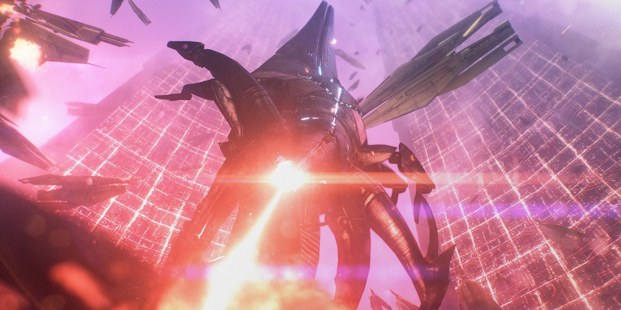 A Reaper lands and begins to attack in the Mass Effect Legendary Edition.