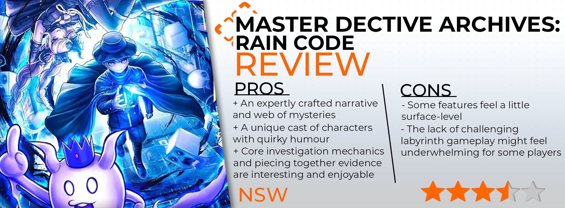 Master Detective Archives Rain Code review card scoring it 3.5/5.