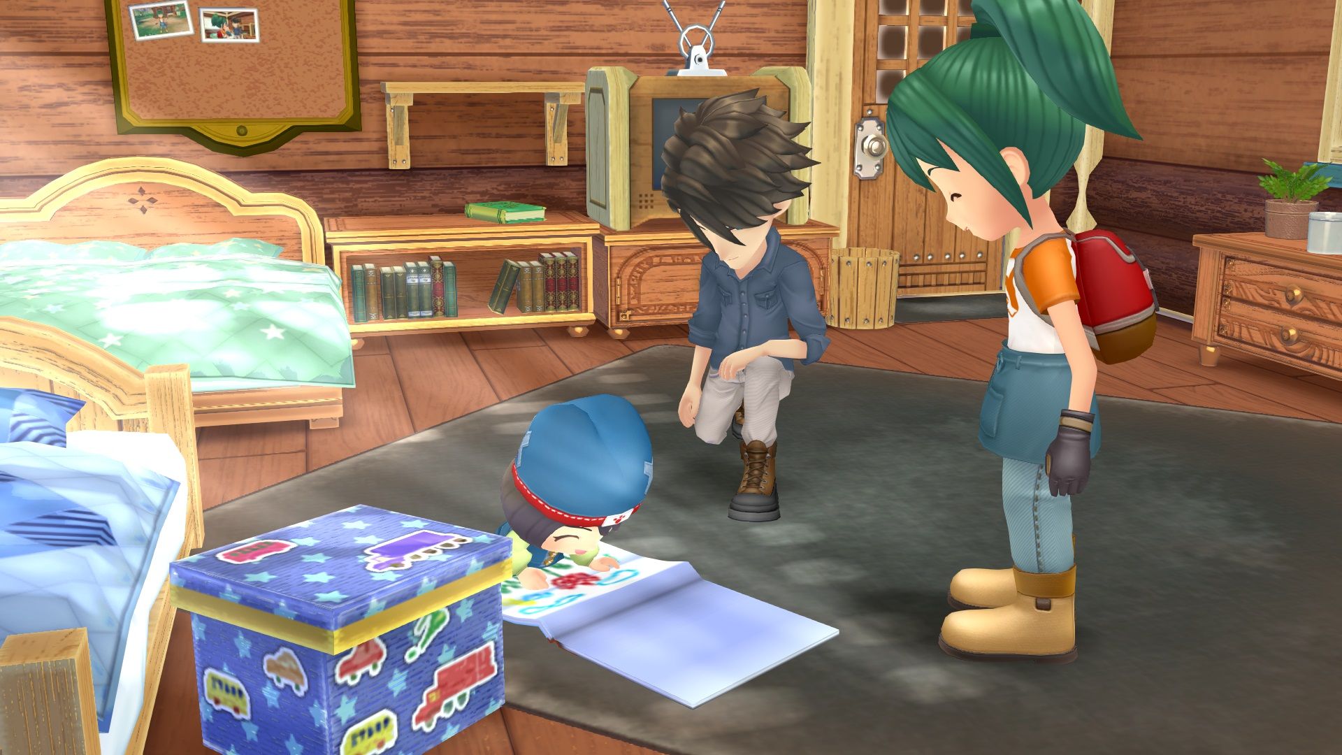 Matthew, the player, and their child inside their home in Story of Seasons A Wonderful Life.