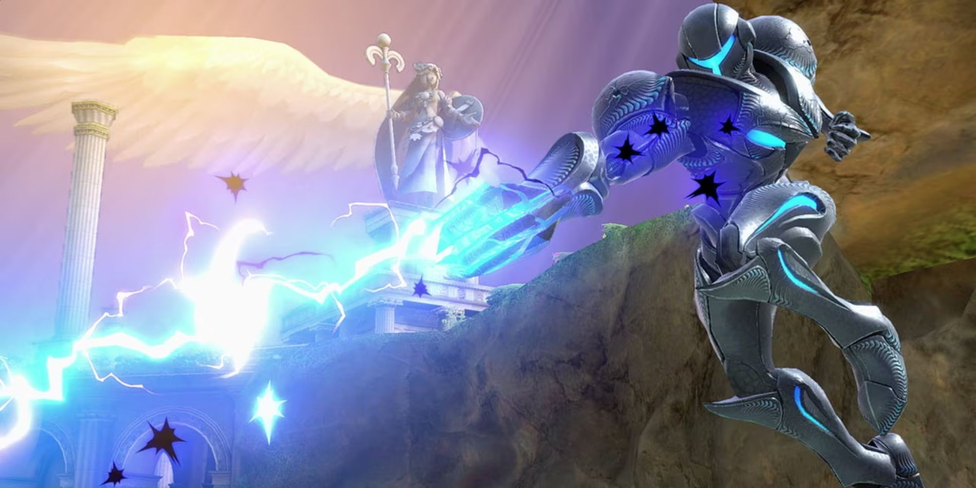 Dark Samus fires her grapple beam in the air