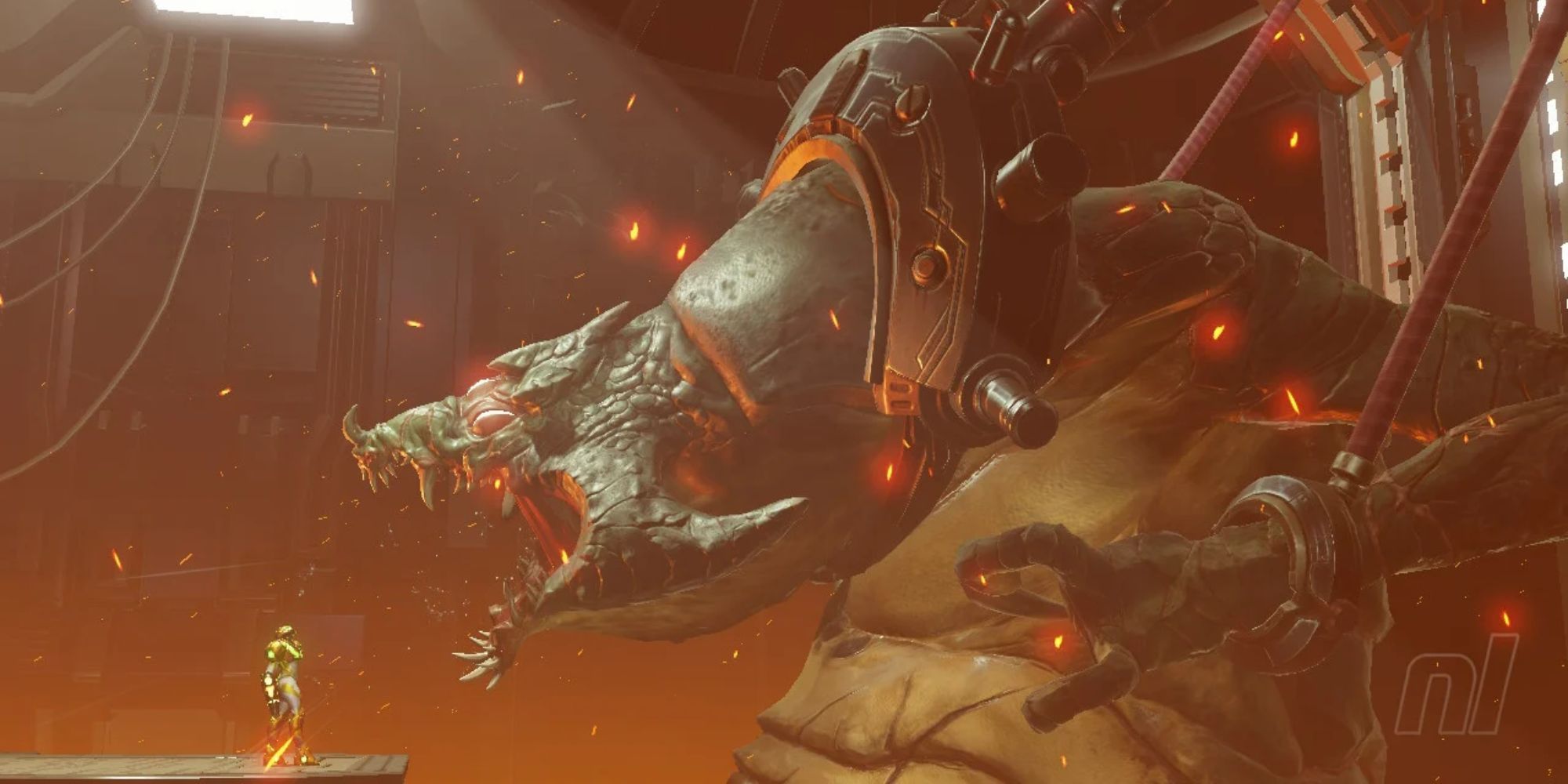 Kraid roars at Samus while chained up
