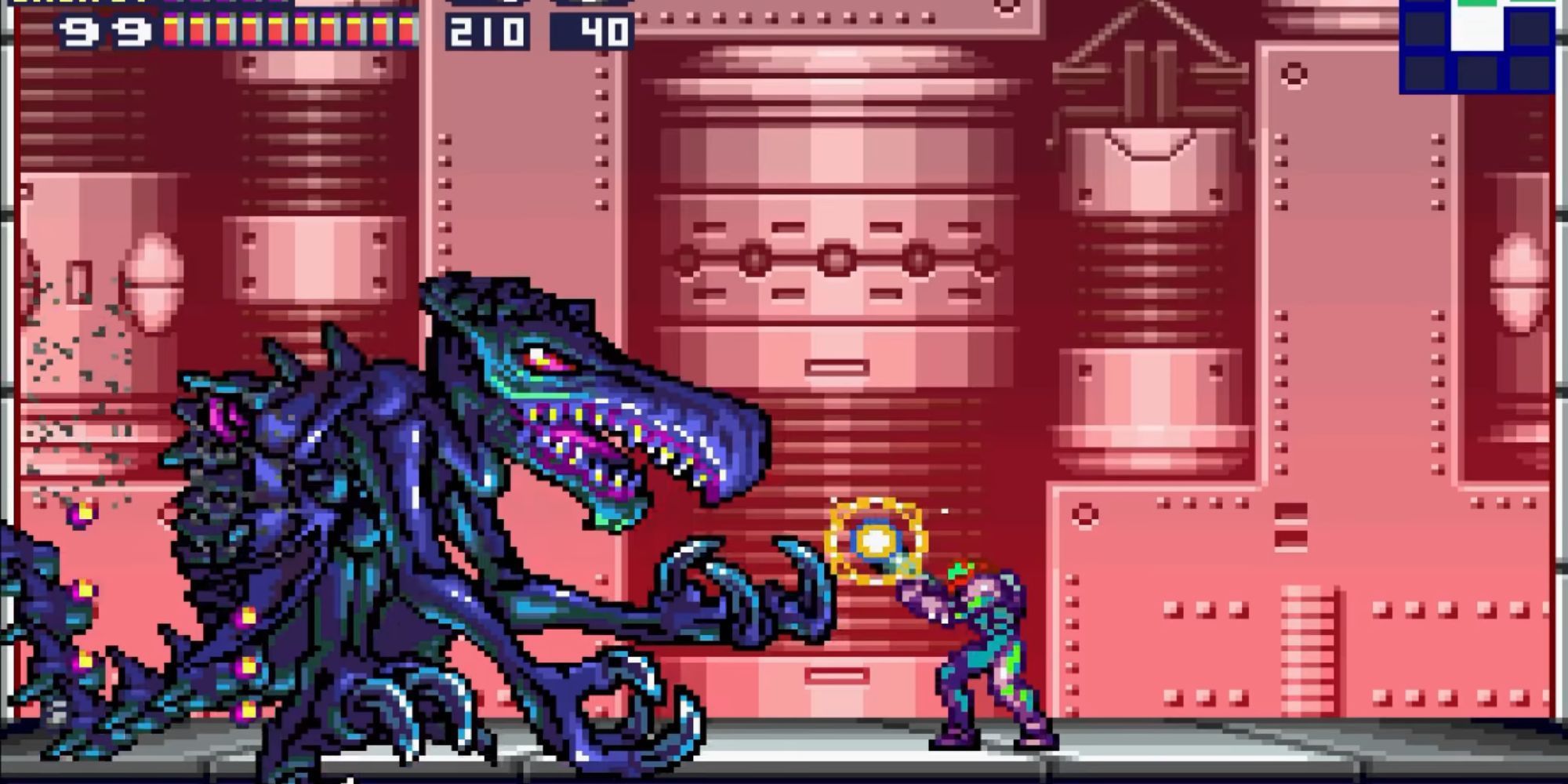 Samus charges her beam toward Ridley