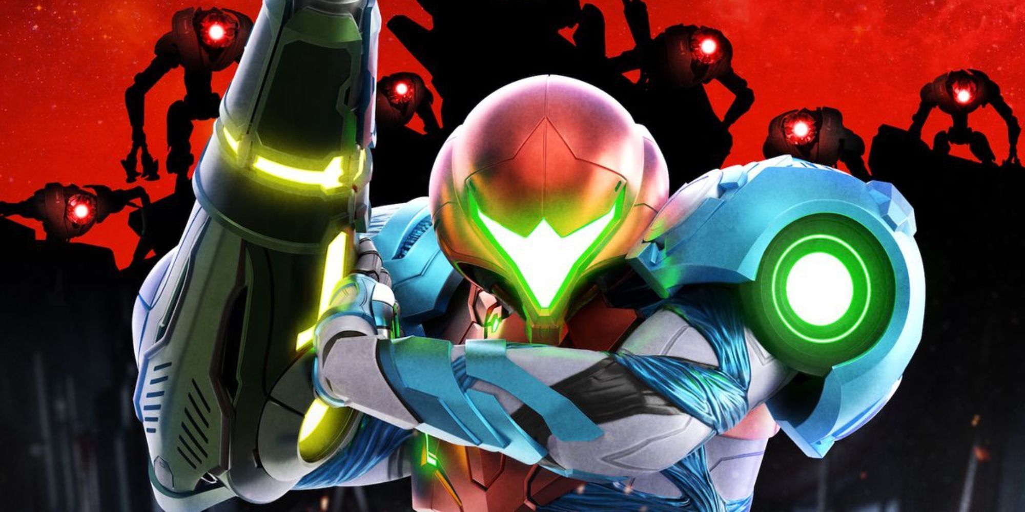 Samus Aran holds her arm cannon in front of a group of E.M.M.I's