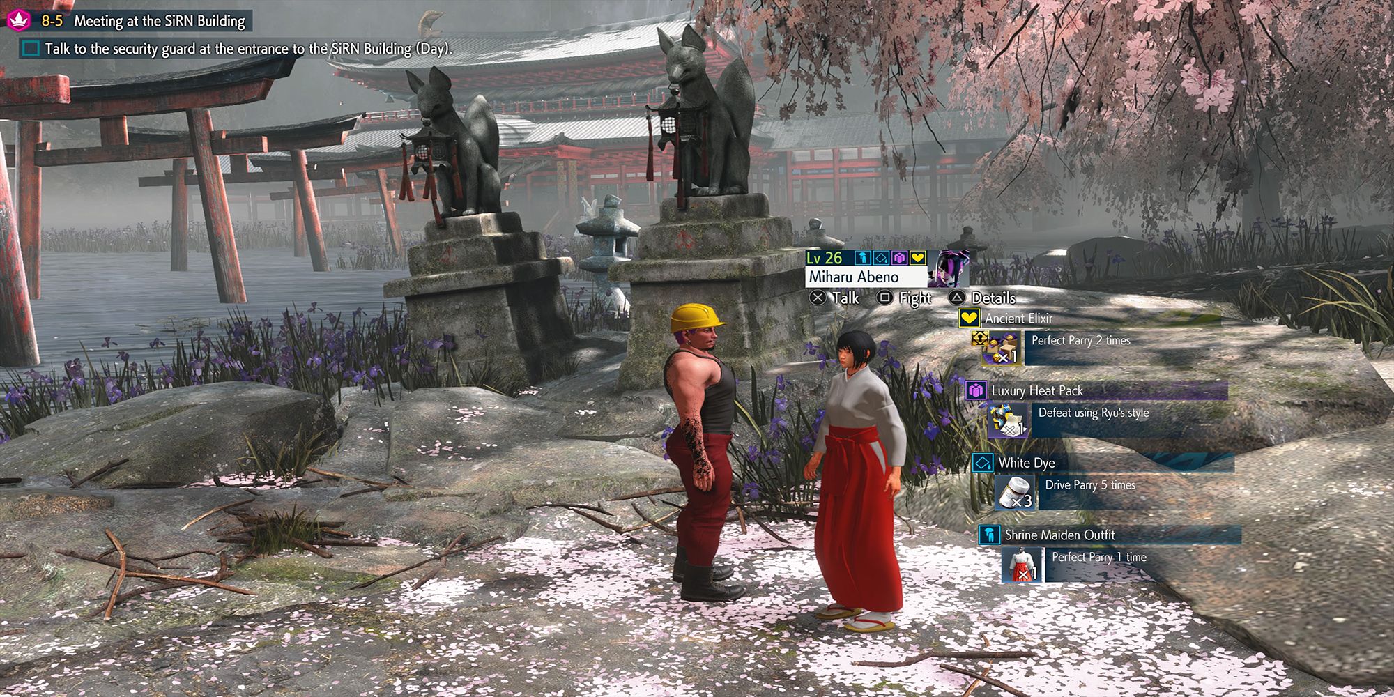 The player avatar stands next to Miharu Abeno, a shrine maiden at Genbu Temple, in Street Fighter 6.