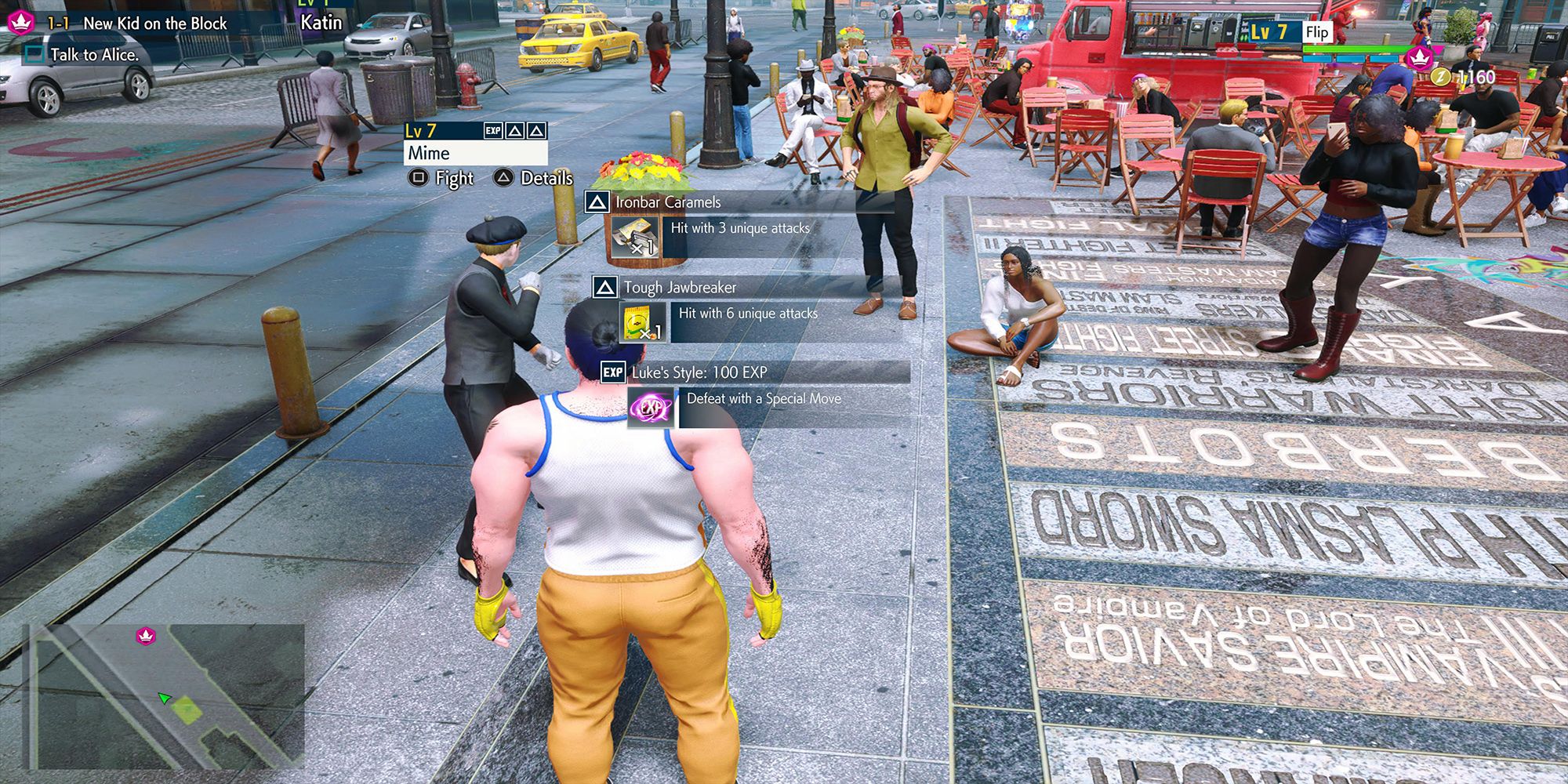 Flip approaches a Mime performing at Beat Square in Street Fighter 6.
