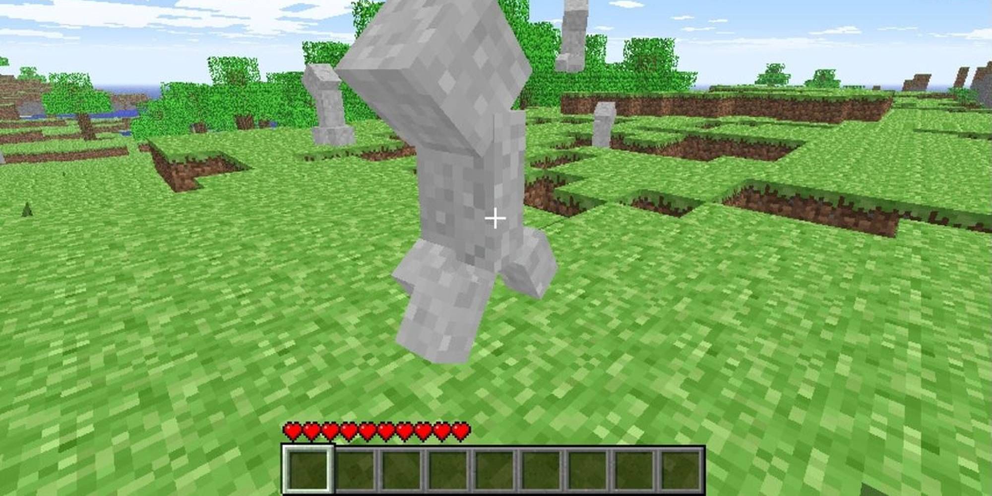 An image of Minecraft in its alpha stages showing a grey boxy creeper mob