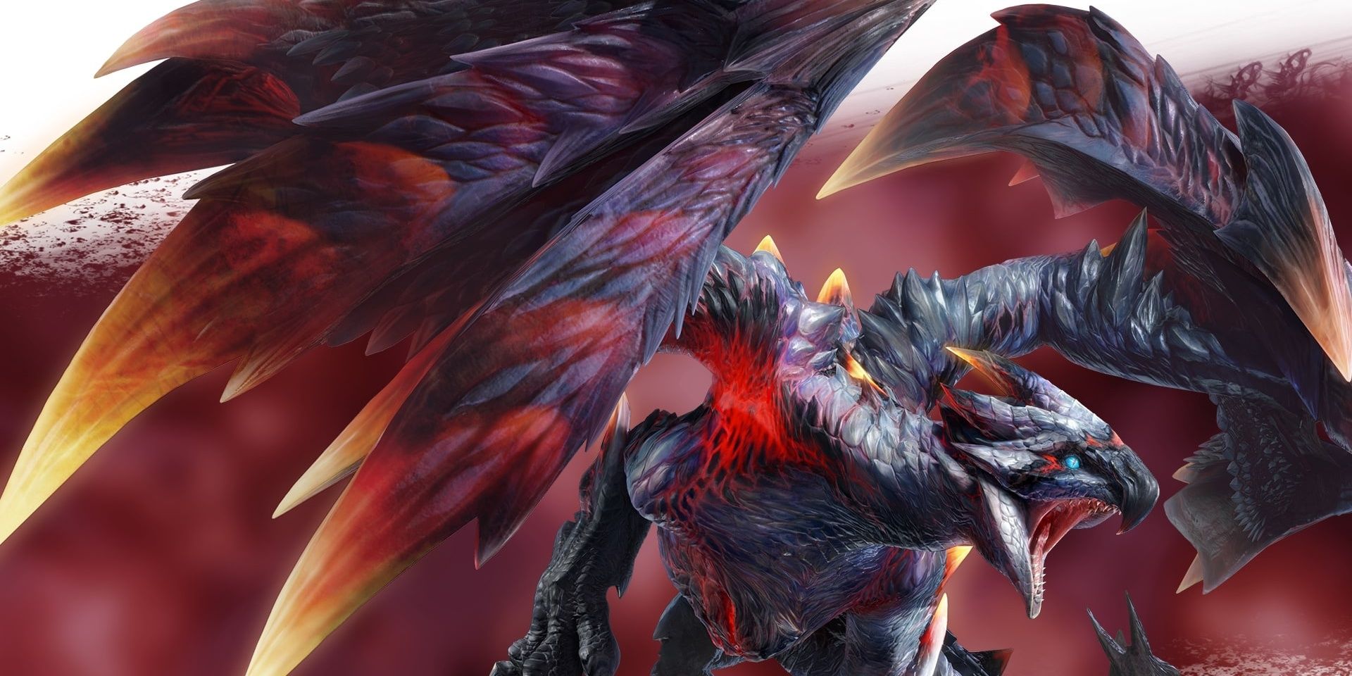 Monster Hunter Rise Risen Crimson Glow Valstrax roaring with their glowing wings in the foreground and a red mist in the background
