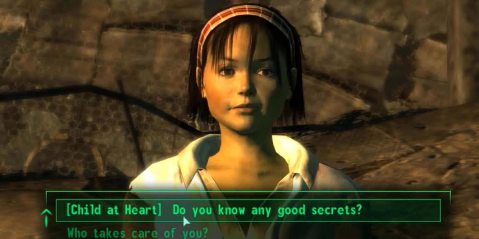 child in fallout 3, image says "child at heart: do you know any good secrets?"