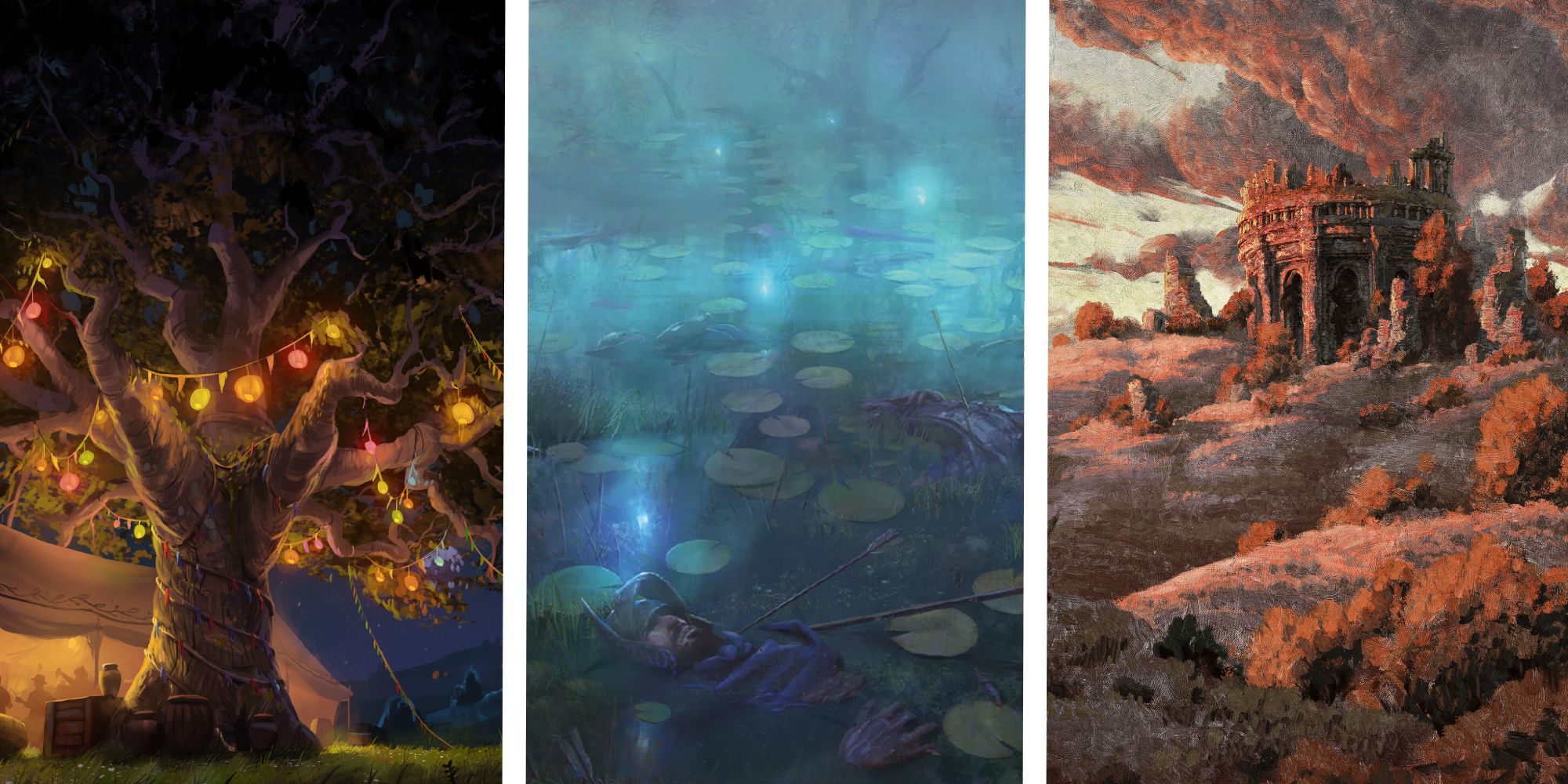 A collage showing The Party Tree, The Dead Marshes, and Weathertop.