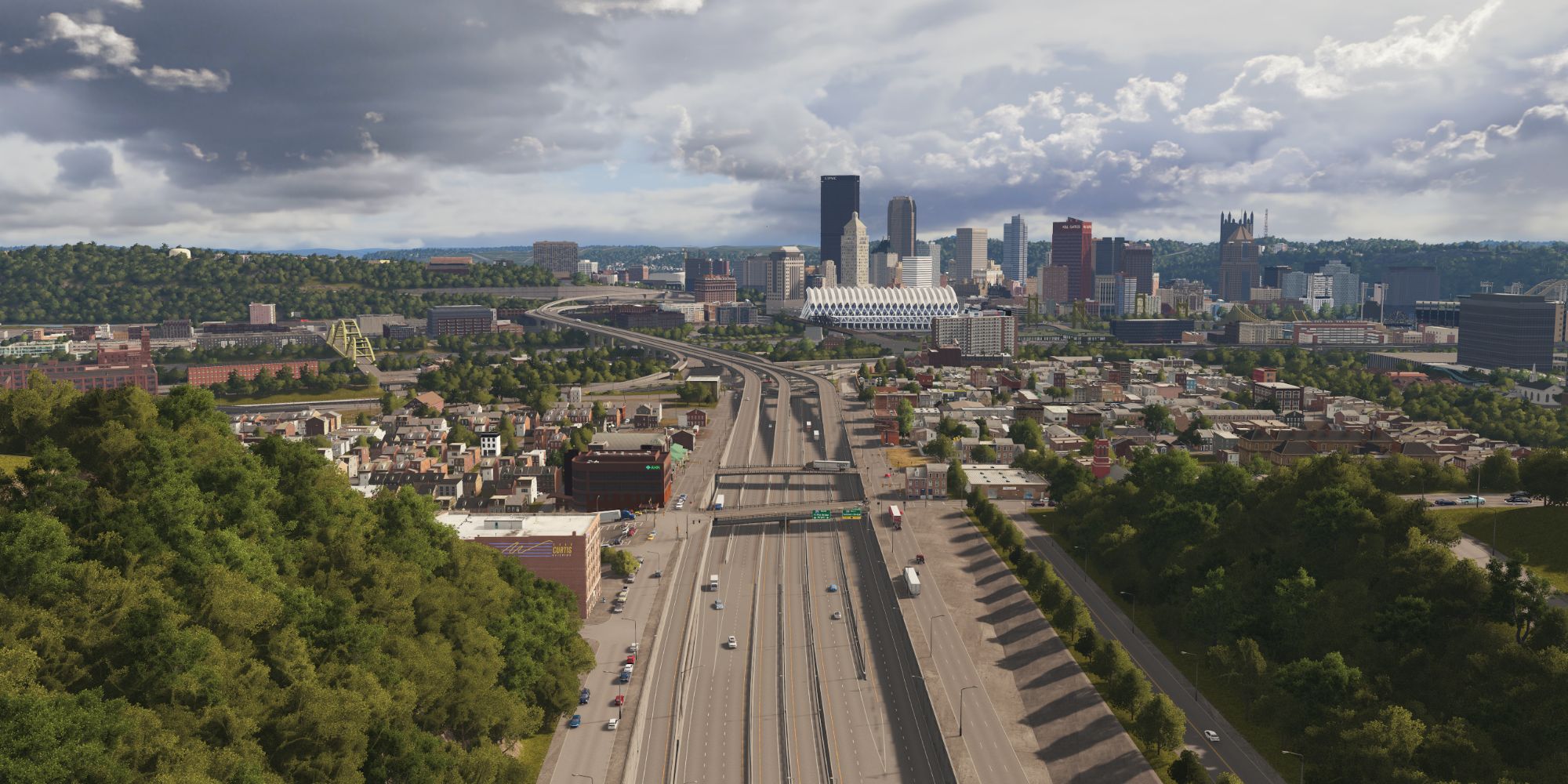 An image of a modded city from Cities: Skylines, that captures a realistic American road infrastructure and realistically styled buildings. 