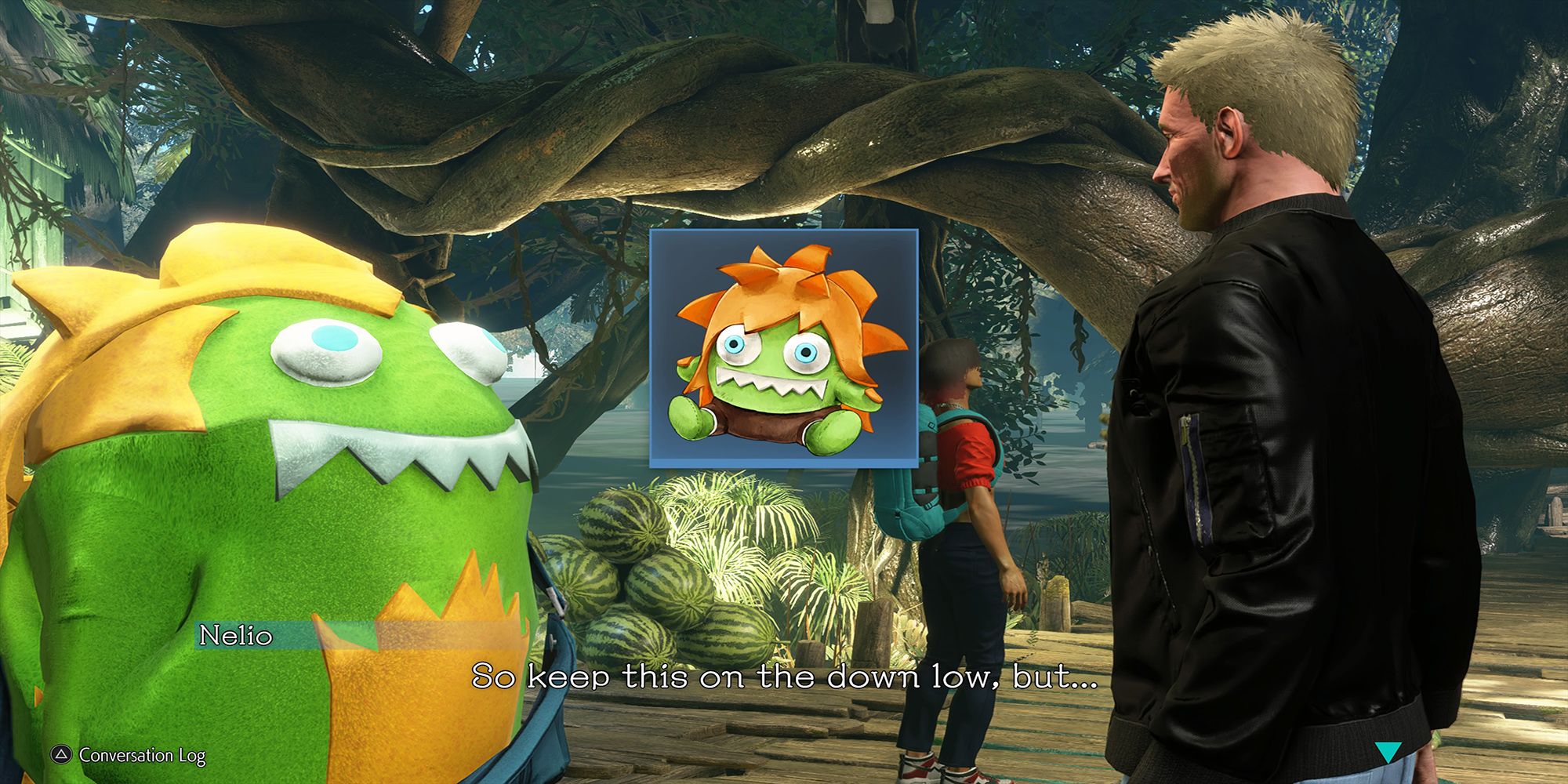 Nelio hands Blanka-chan a plushy of himself after an exchange at Ranger's Hut in Street Fighter 6.