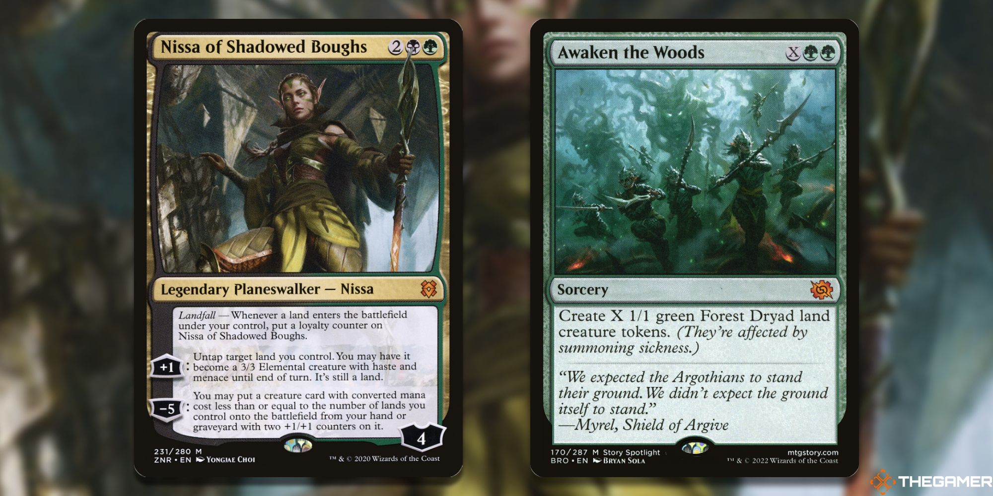 MTG: Nissa of Shadowed Boughs and Awaken the Woods cards