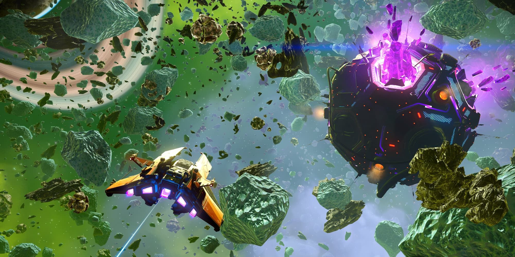 A spaceship navigates its way through an asteroid field in No Man's Sky.
