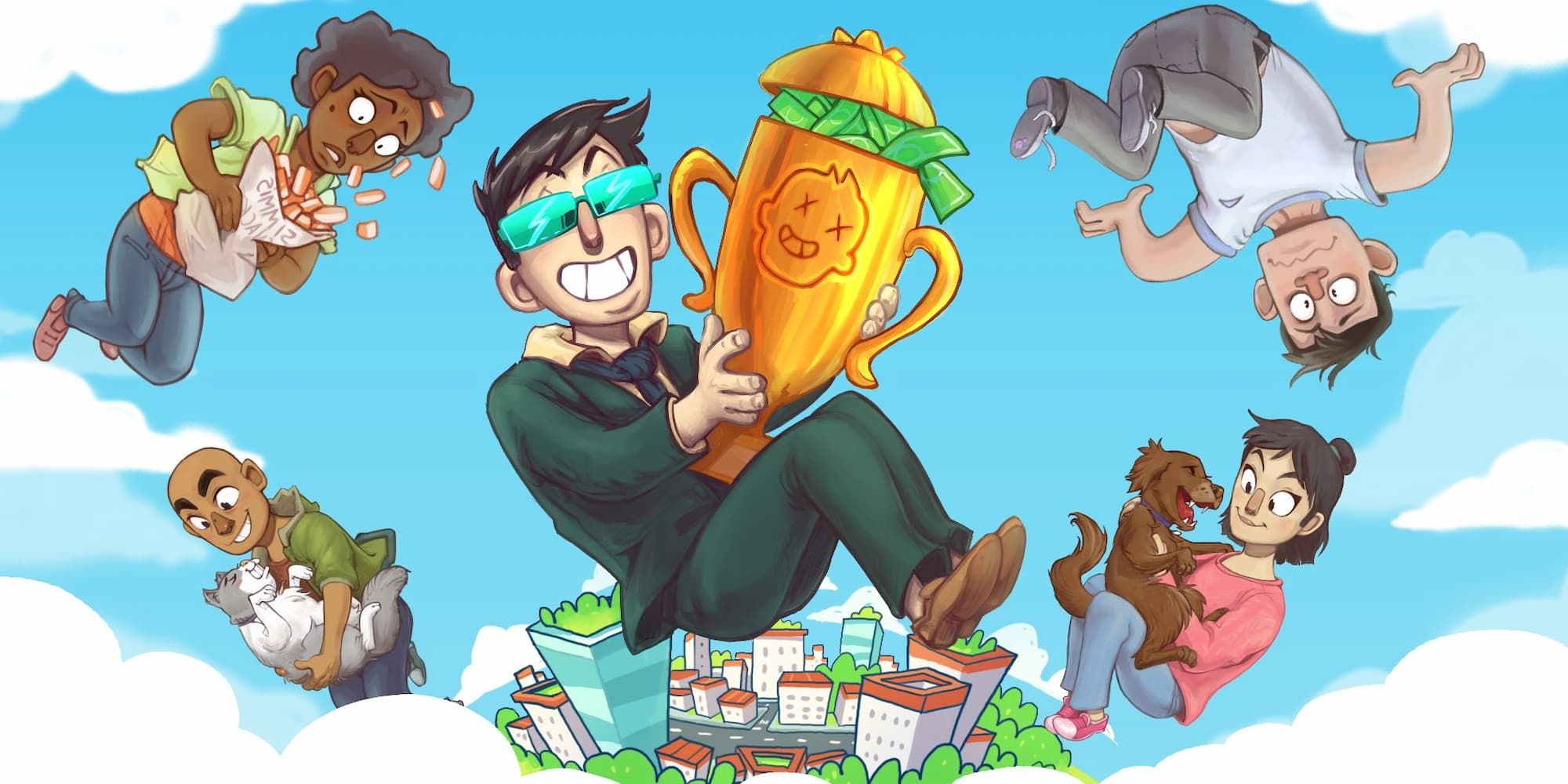 Several people float above a city, one looking frazzled, one with a dog, one with a cat, one with a bag of chips spilling, and another holding a trophy filled with money in No Time To Relax.