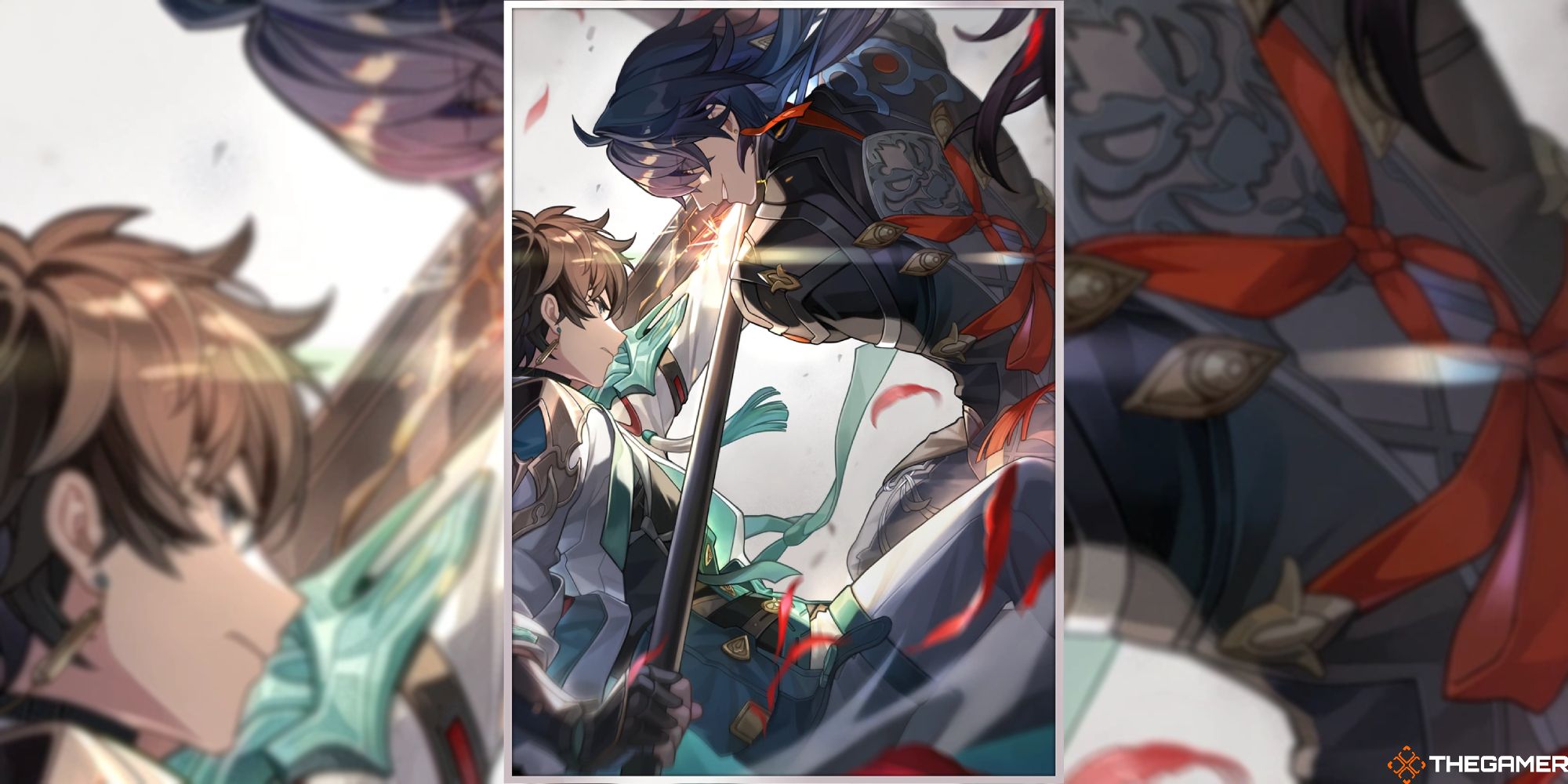 An image of the Nowhere To Run Light Cone artwork from Honkai Star Rail, which depicts Dan Heng and Blade battling.