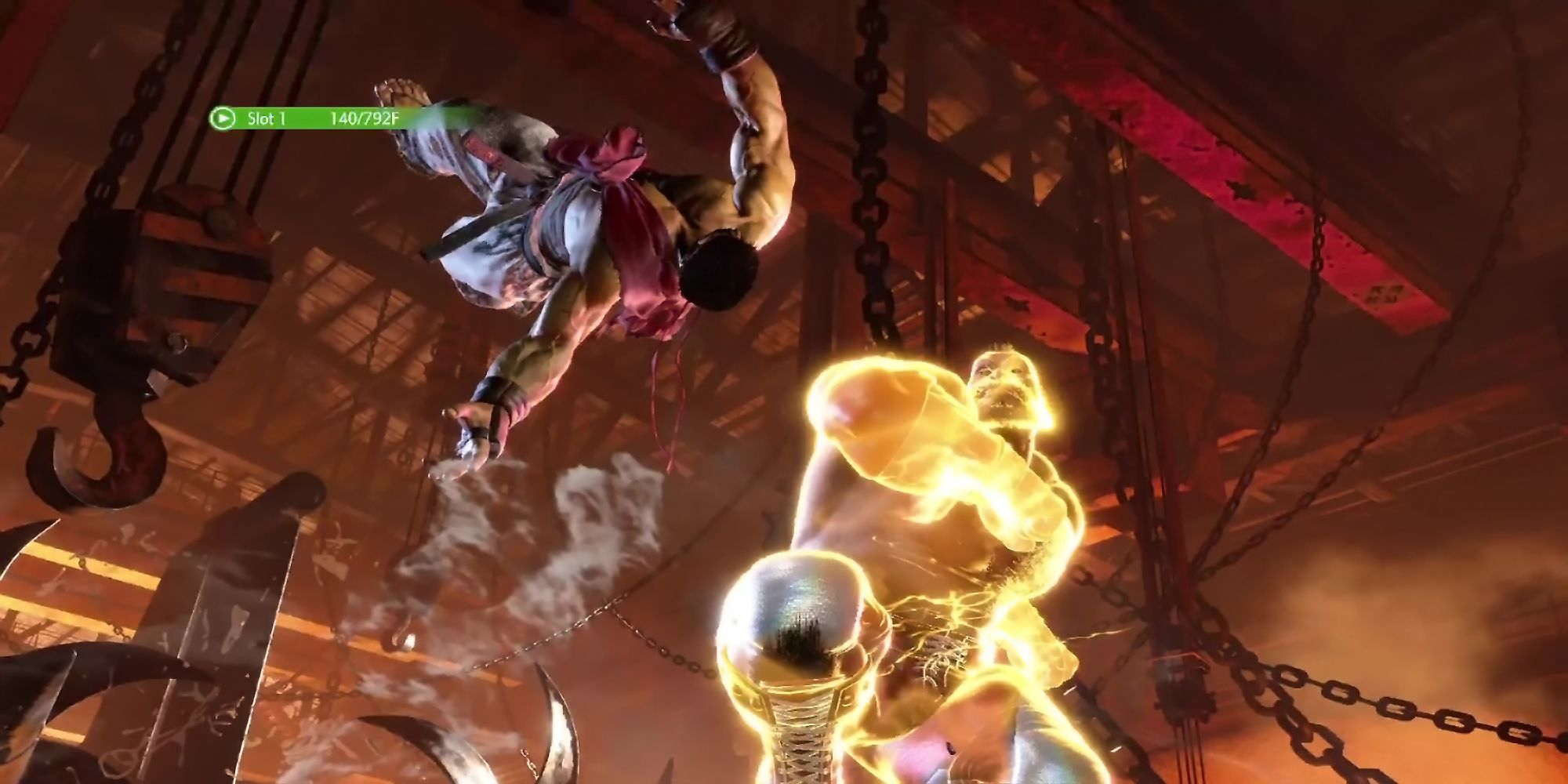 Zangief catches Ryu in the air with his Borscht Dynamite throw during a match at Barmaley Steelworks in Street Fighter 6.
