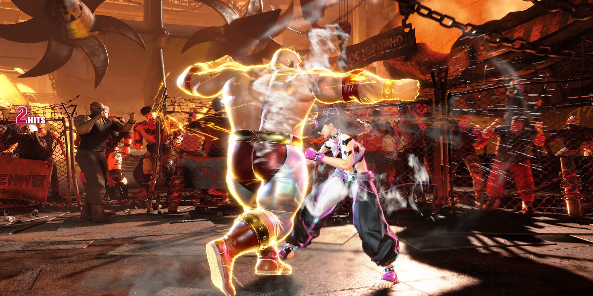 Zangief smacks Juri in the face with his OD Double Lariat during a match at Barmaley Steelworks in Street Fighter 6.