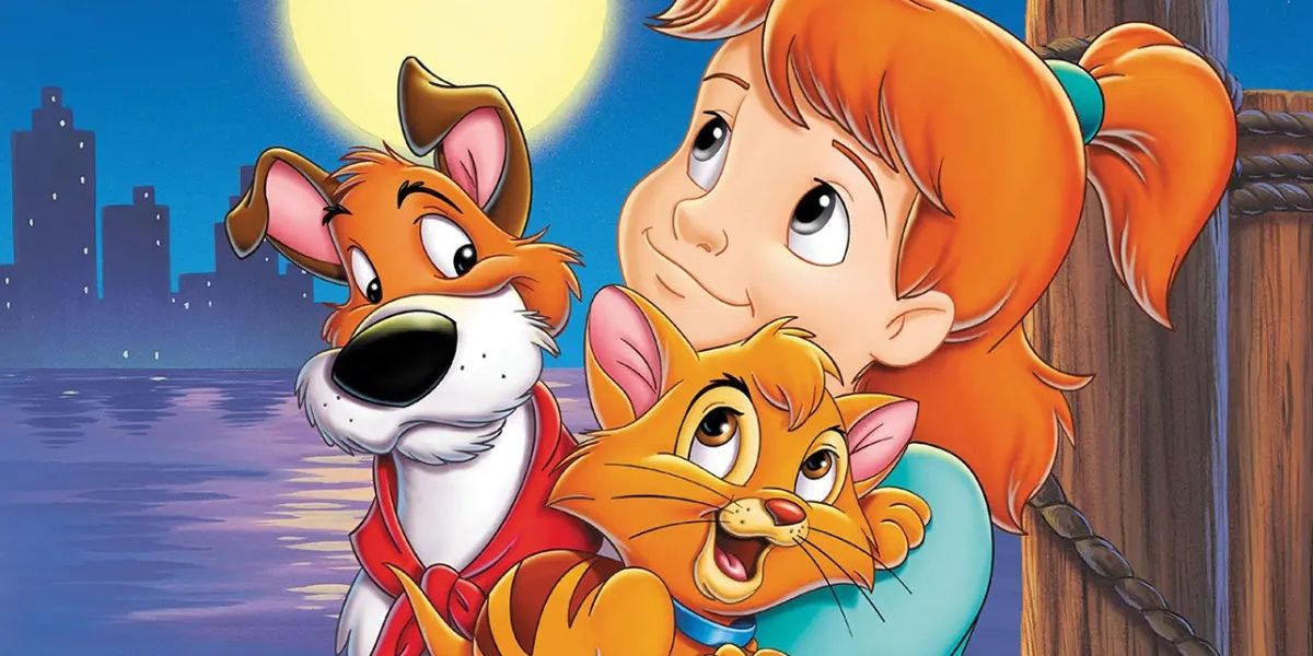 Oliver is held by Penny with Dodger in the background