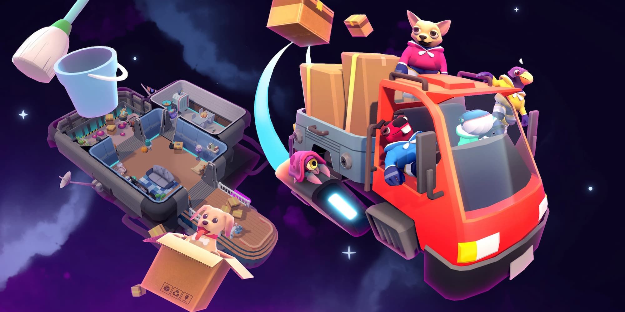 Animals fly a space ship moving truck away from a building in Out Of Space: Couch Edition..