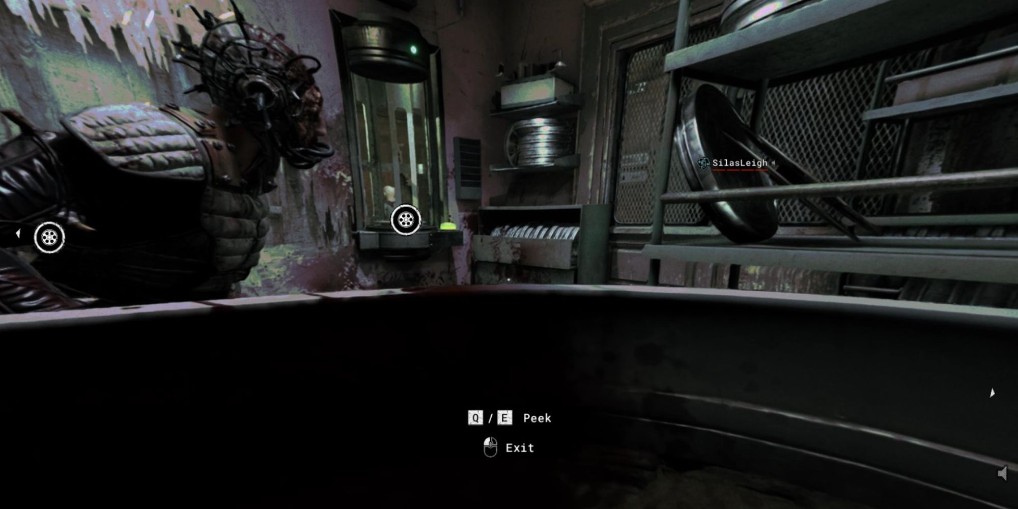 outlast trials player hiding in barrel with enemy in front in film room