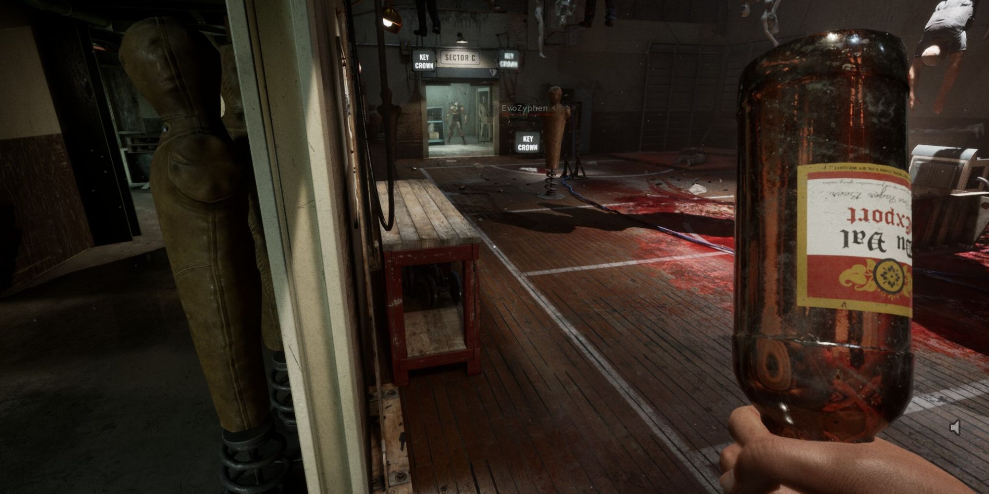 outlast trials player holding bottle looking at pusher in the doorway