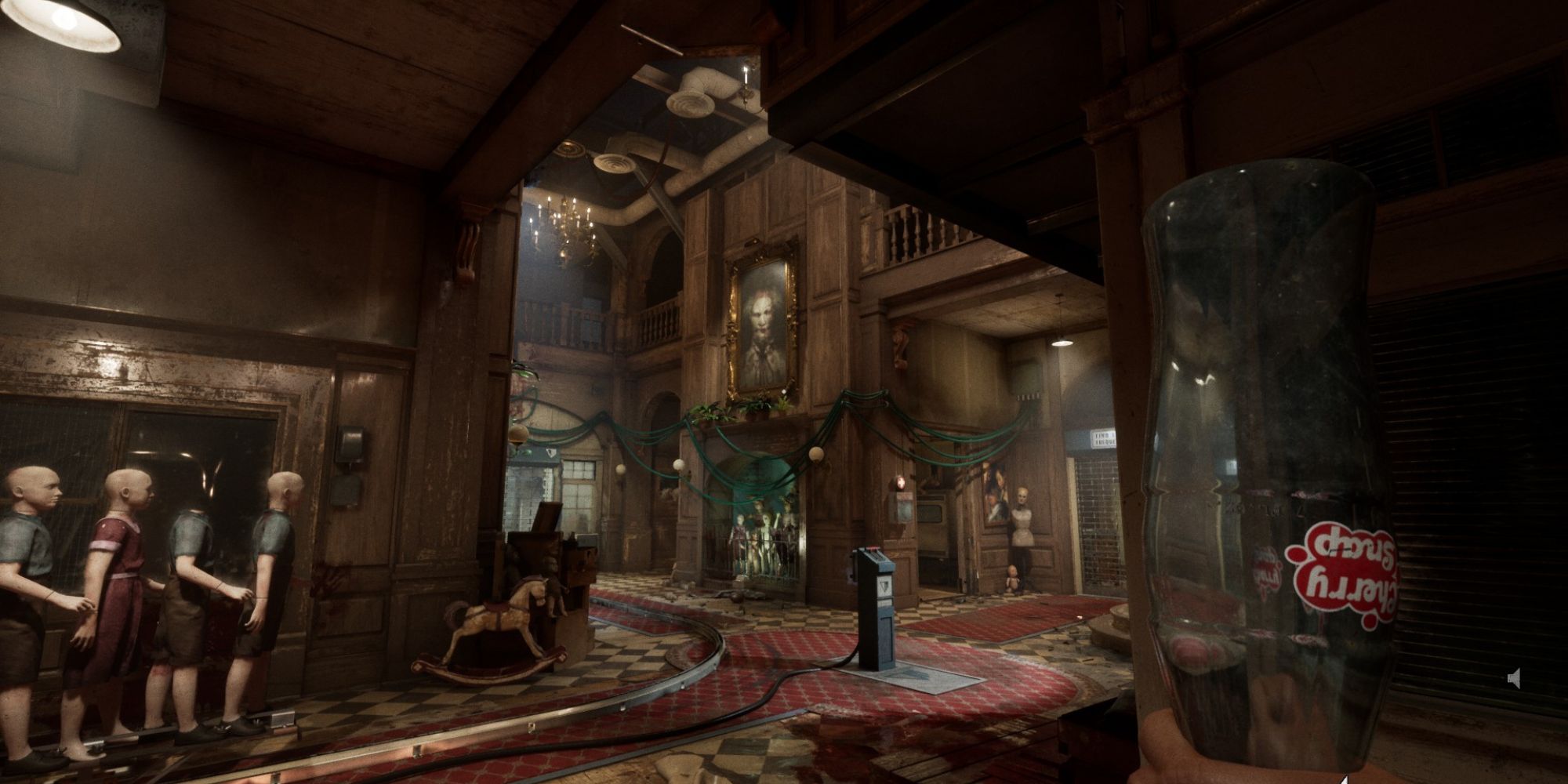 outlast trials player in orphanage lobby holding bottle
