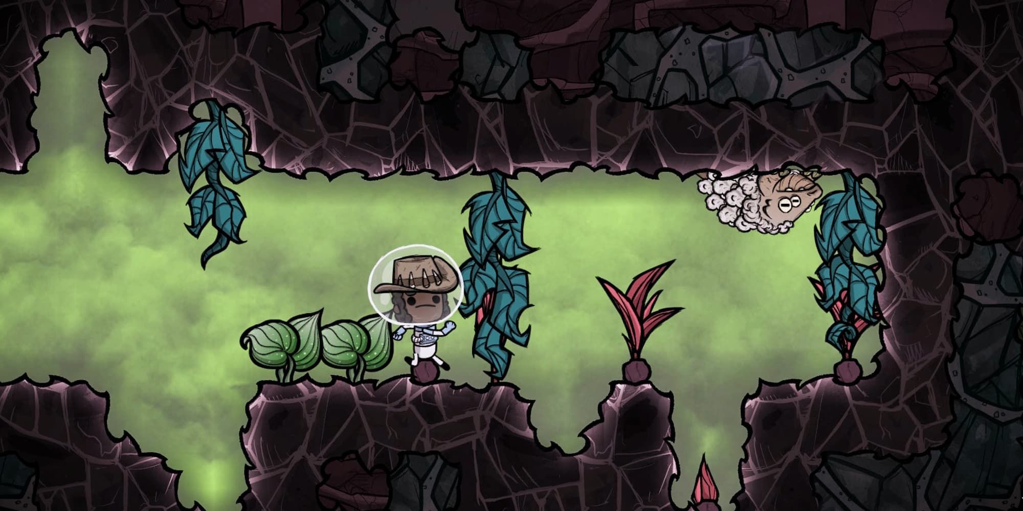A colonist moves through an underground tunnel filled with vegetation in Oxygen Not Included.