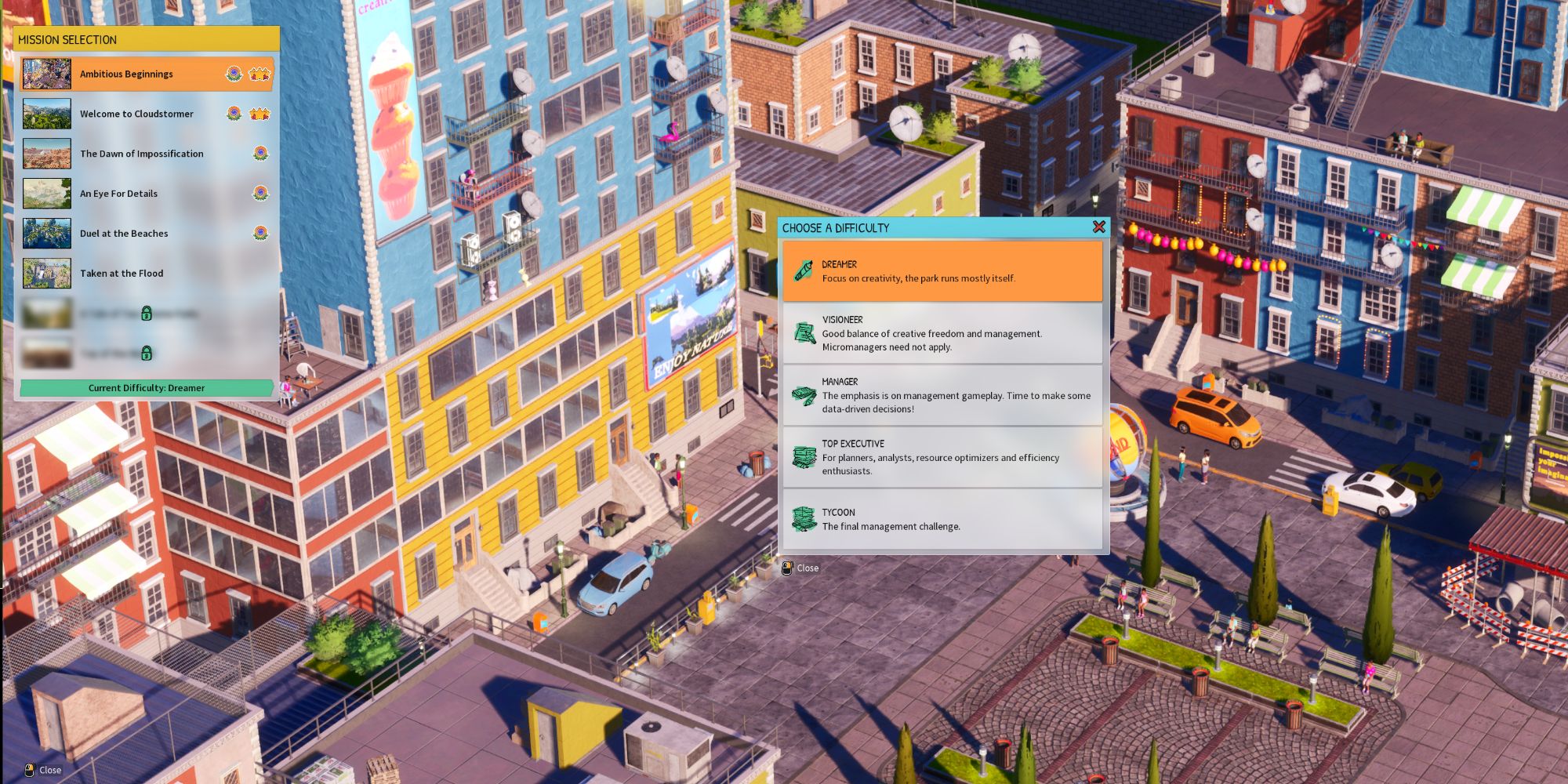 Park Beyond Difficulty Settings Screen