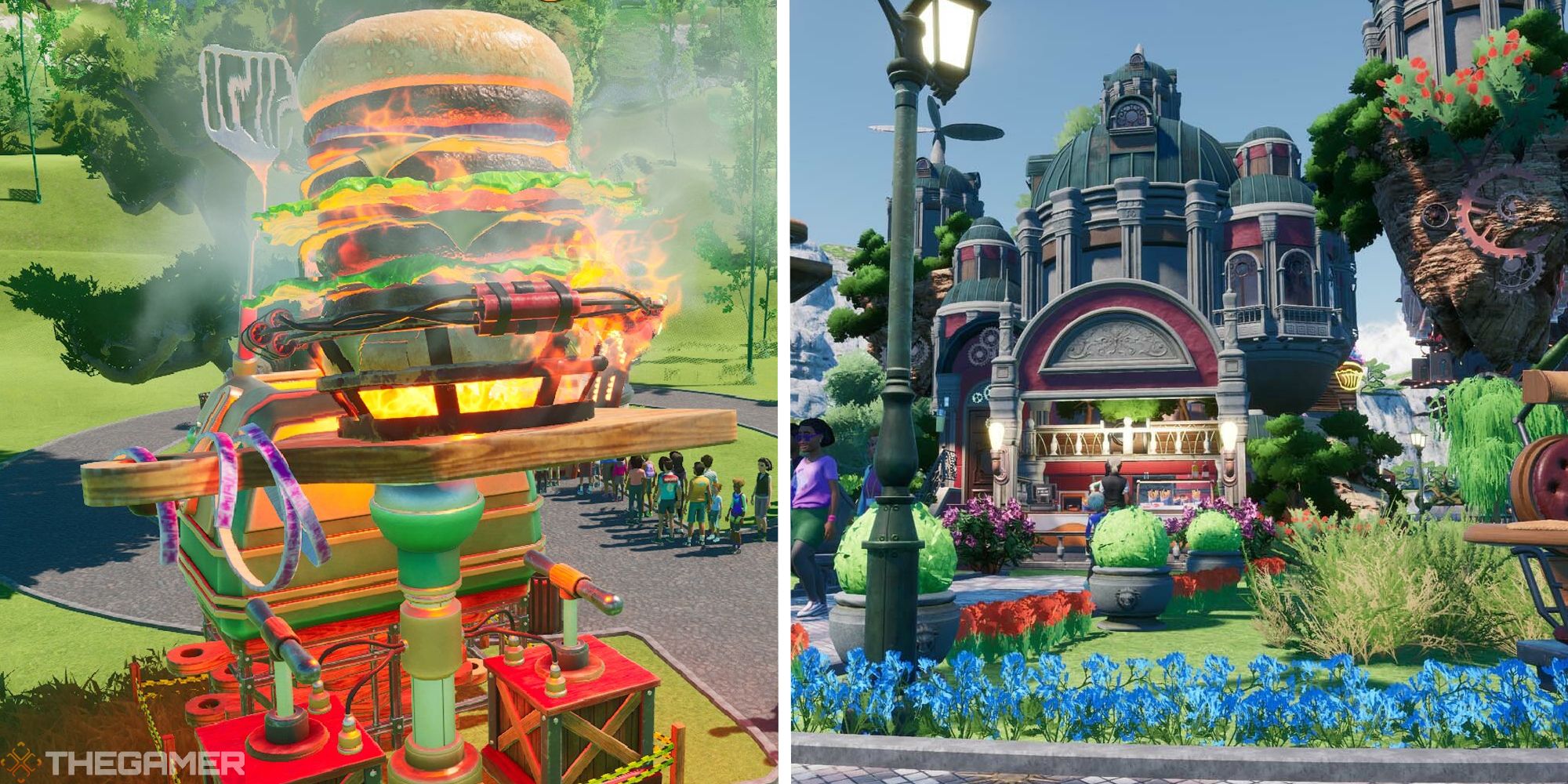 split image showing hamburger restaurant next to image of park beyond promotional screenshot focused on themed store