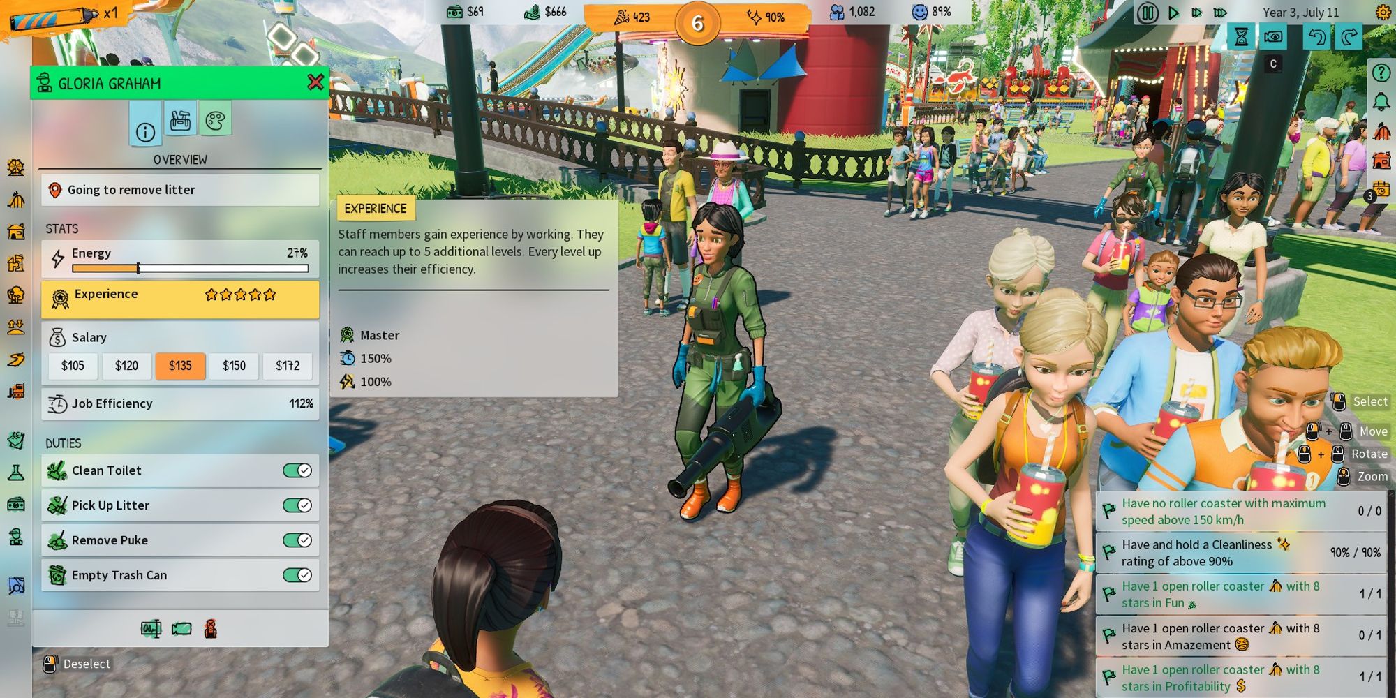 park beyond janitor overview showing stats of worker