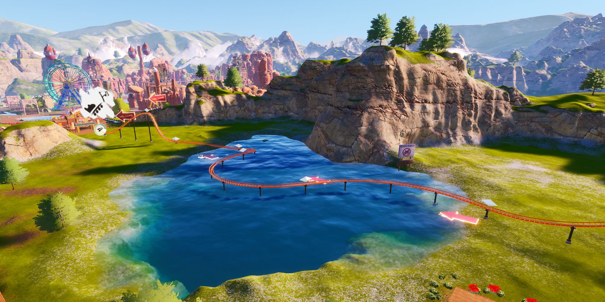 Park Beyond Off Rails coaster over a lake in Ambitious Beginnings