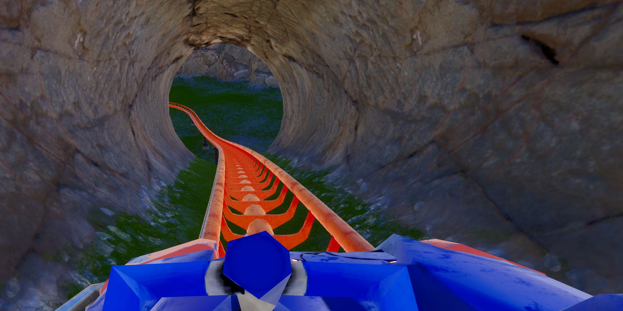 Park Beyond riding a coaster through a tunnel