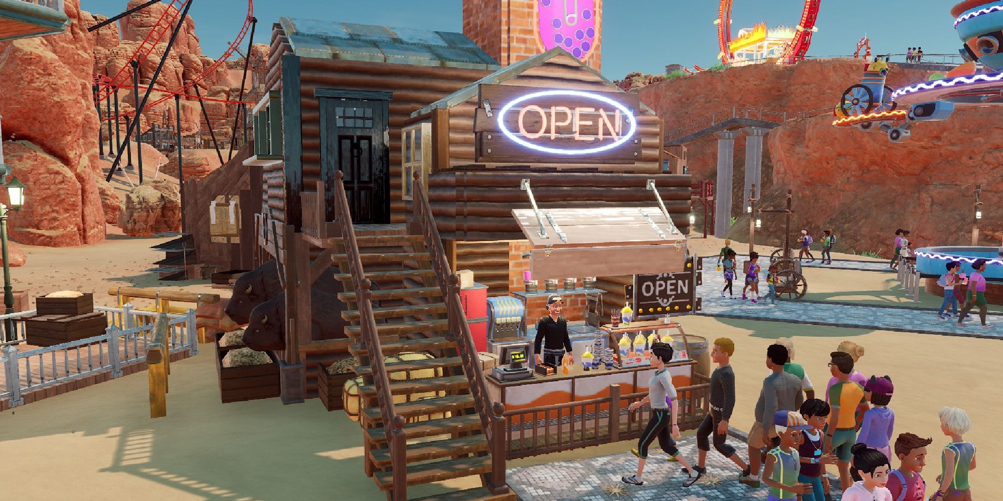park beyond western boba shop with line of guests
