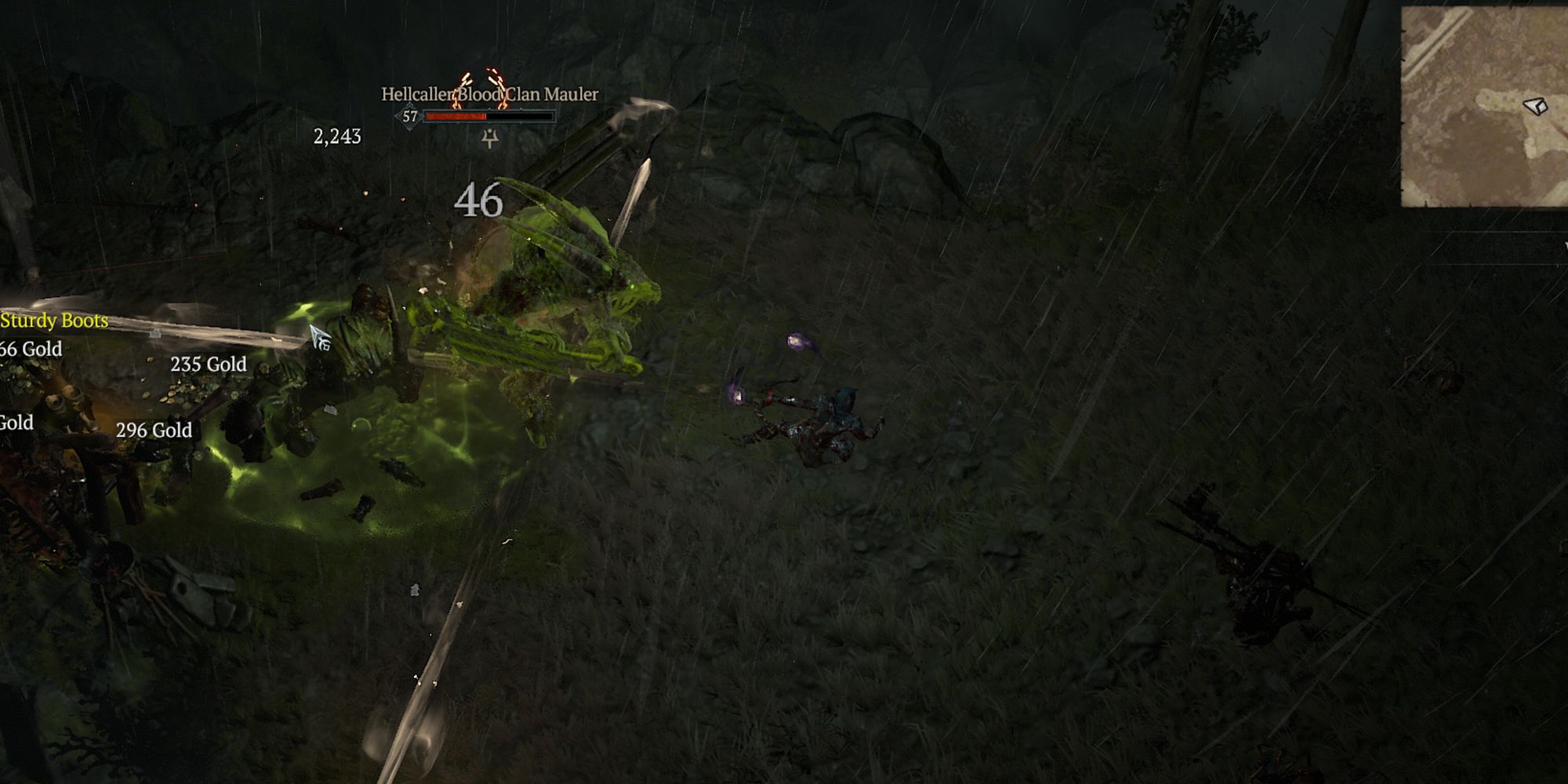 rogue shooting penetrating shot at a group of goatmen