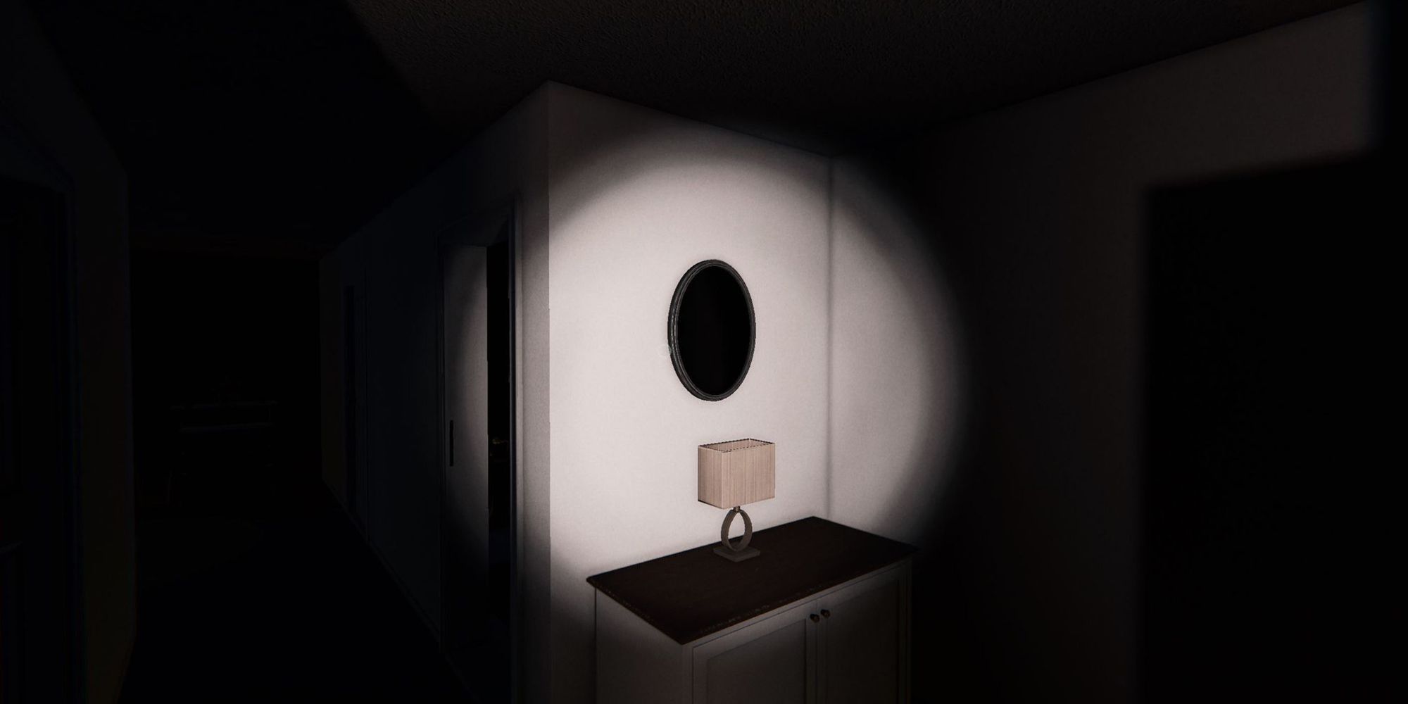 Image depicts the haunted mirror on the wall in Ridgeview Court in Phasmophobia.
