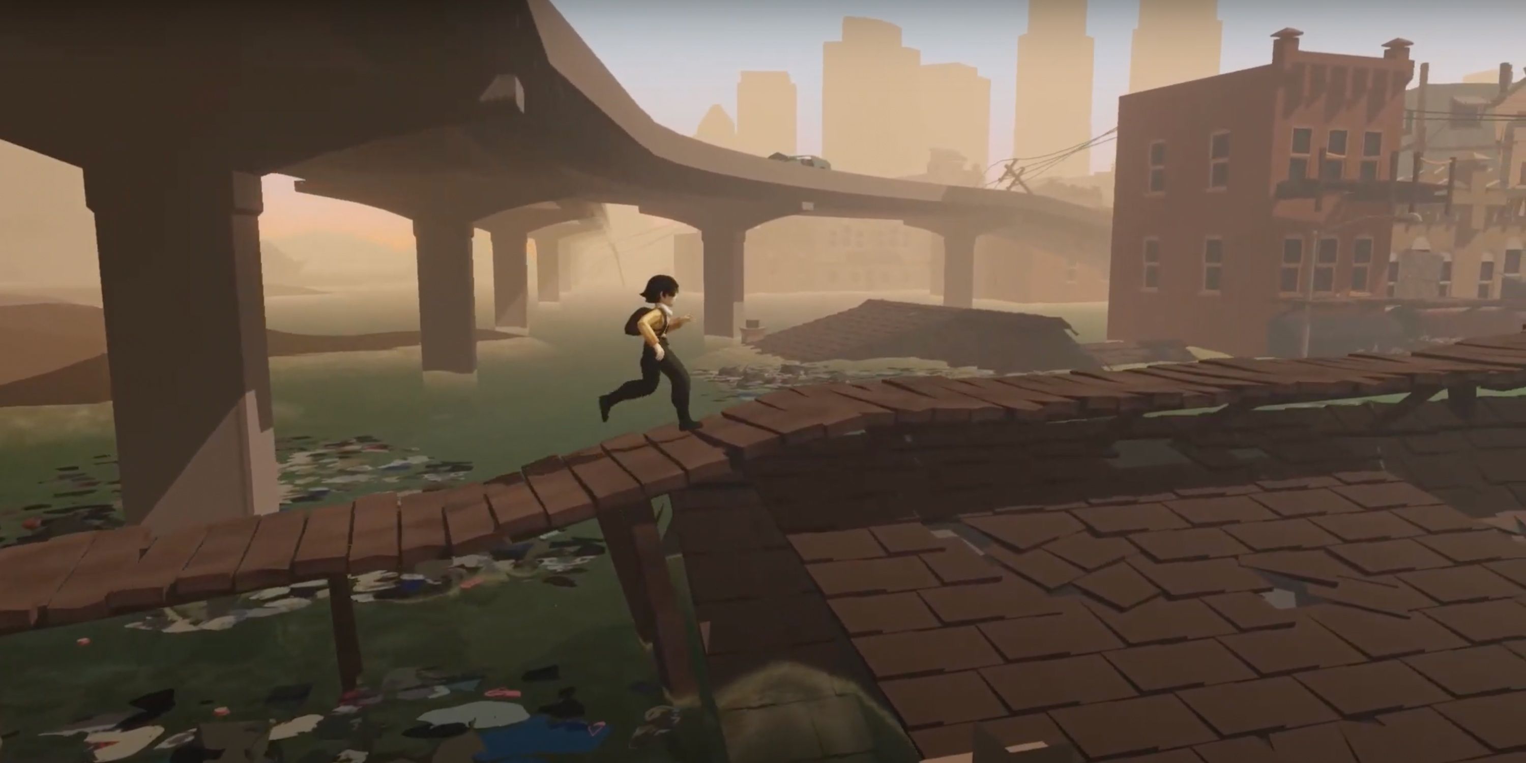 Noa Running Along a Wooden Bridge Through A Polluted City