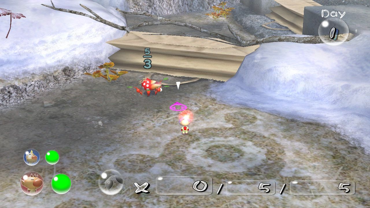 Olimar defeats a Bulborb with five red Pikmin in Pikmin 2.