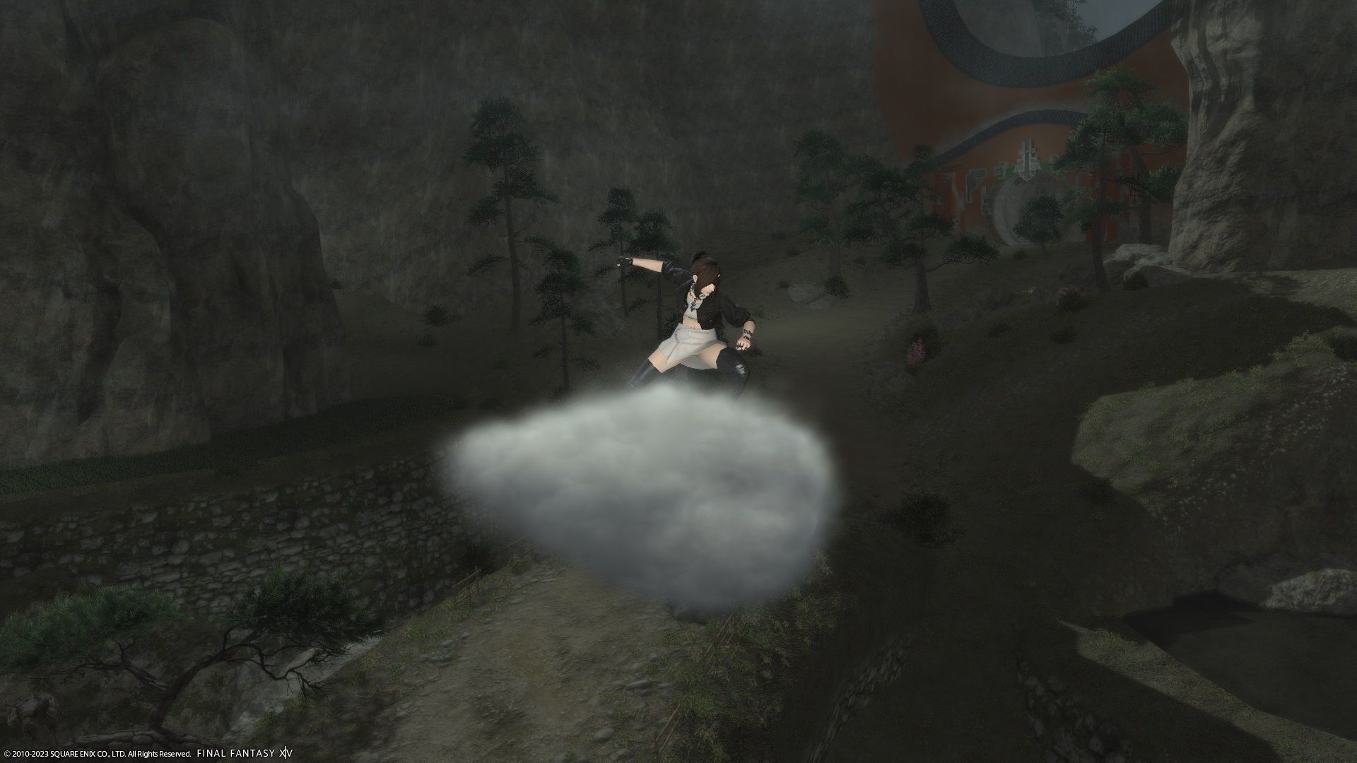Player atop the flying cumulus mount in Final Fantasy 14.