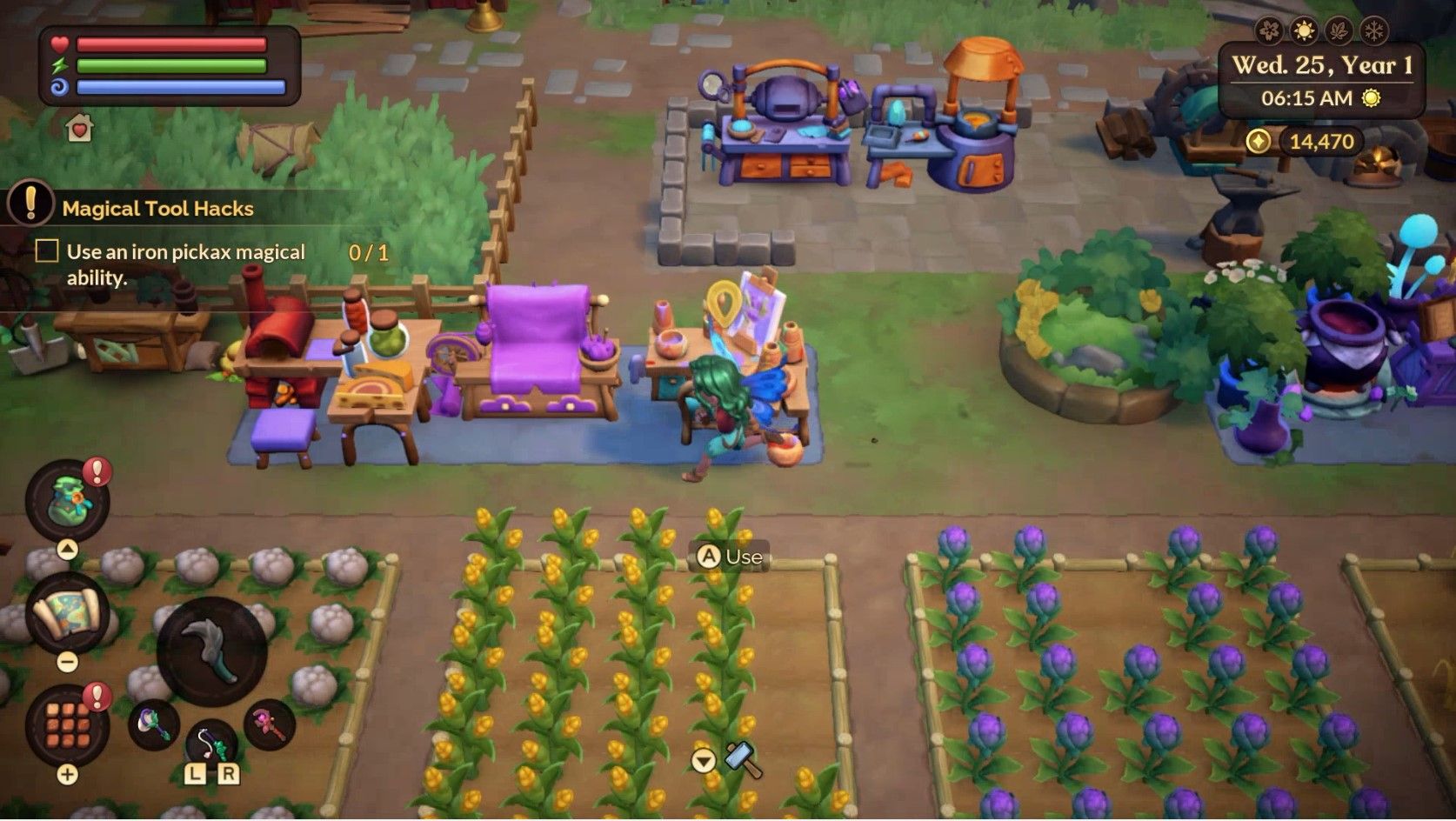 Player character running past crops on the homestead in Fae Farm.