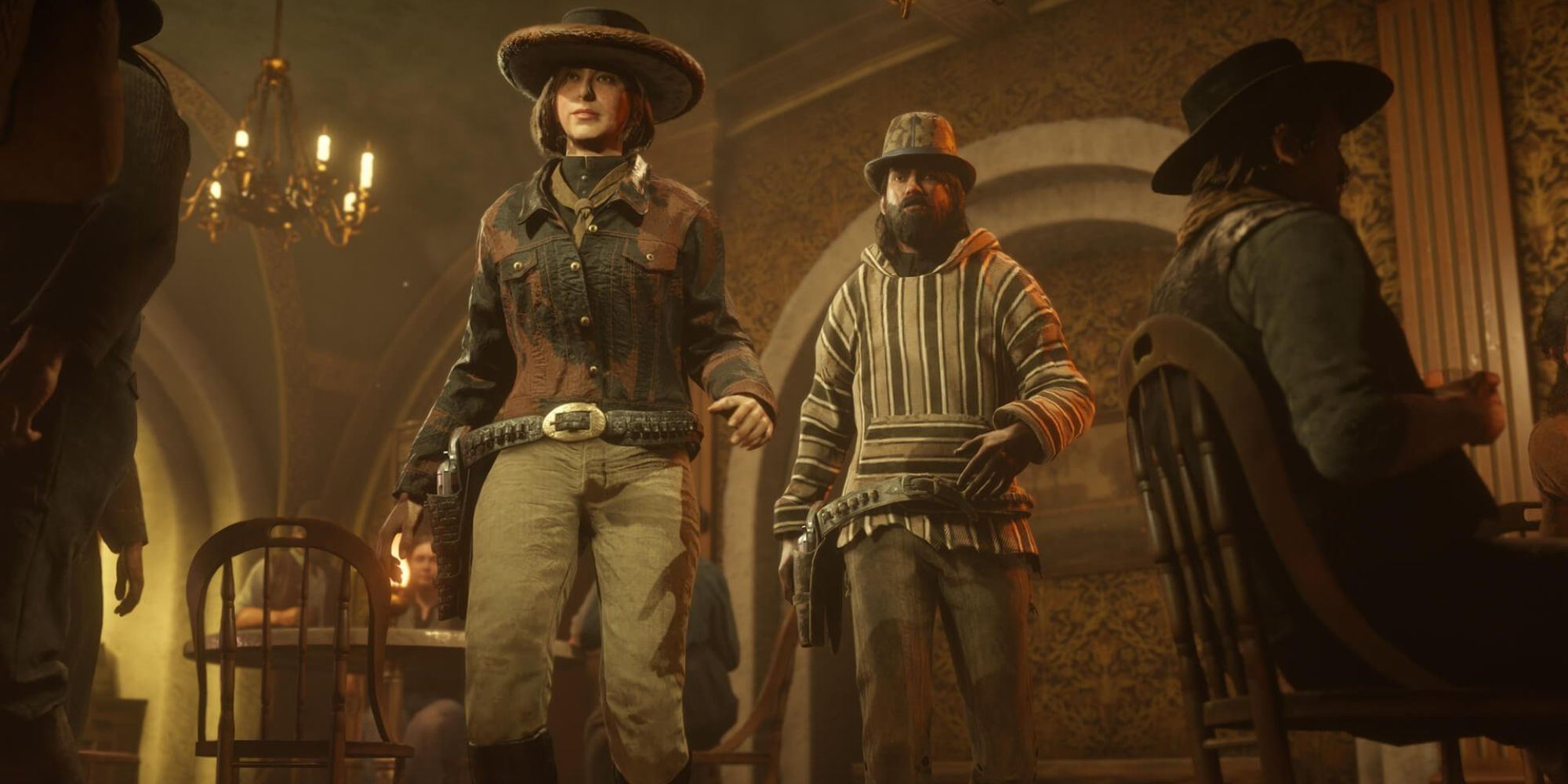An image of two players walking through their moonshide hideout in Red Dead Online.
