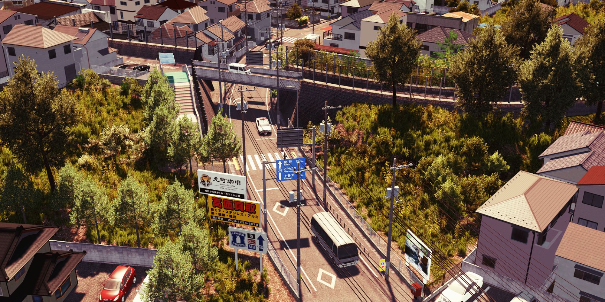 An image from Cities: Skylines of a decorated interchange in a Japanese styled city. 