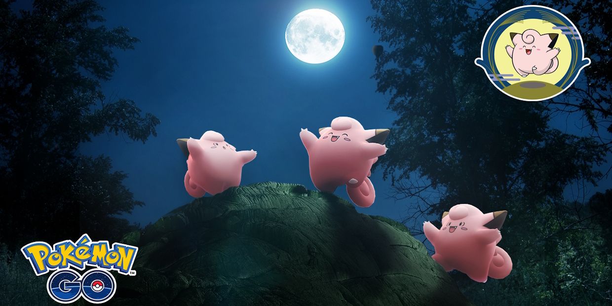 Image of three different Clefairy standing under the night sky with a full moon