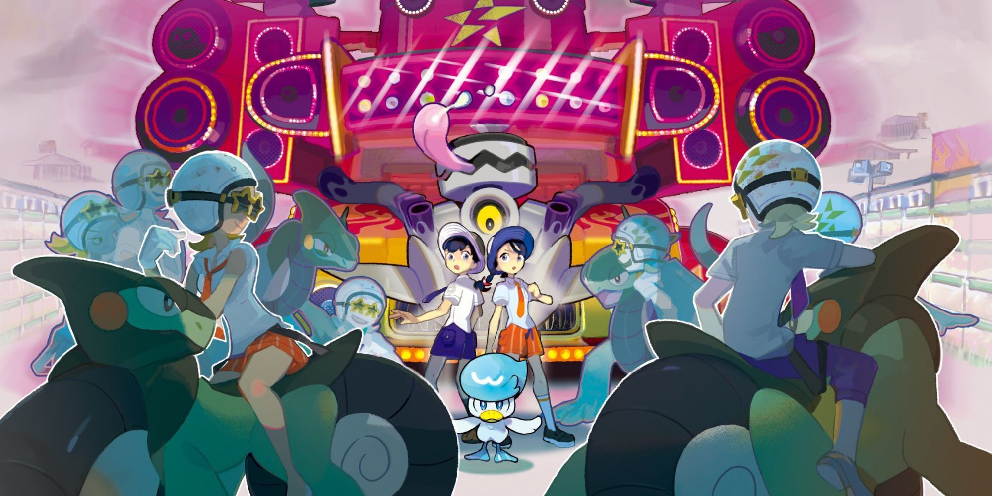Team Star surrounds two Pokemon Trainers and a Quaxly