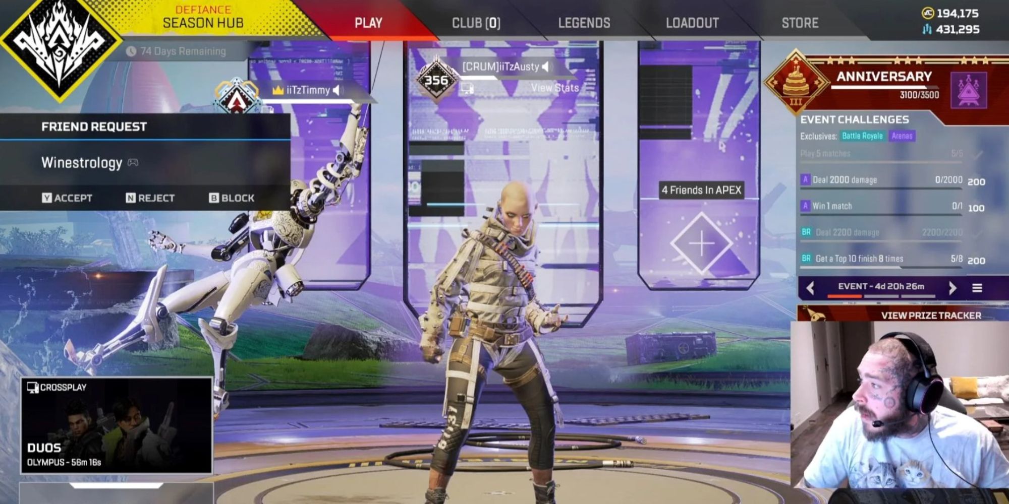 An image of Post Malone streaming Apex Legends on his twitch account with the popular streamer iTzTimmy