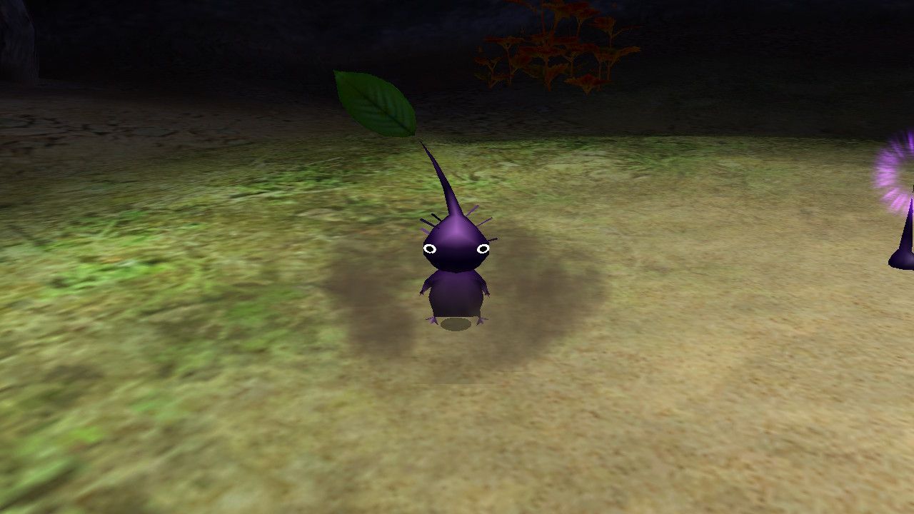 A purple Pikmin showing off its strength in Pikmin 2.