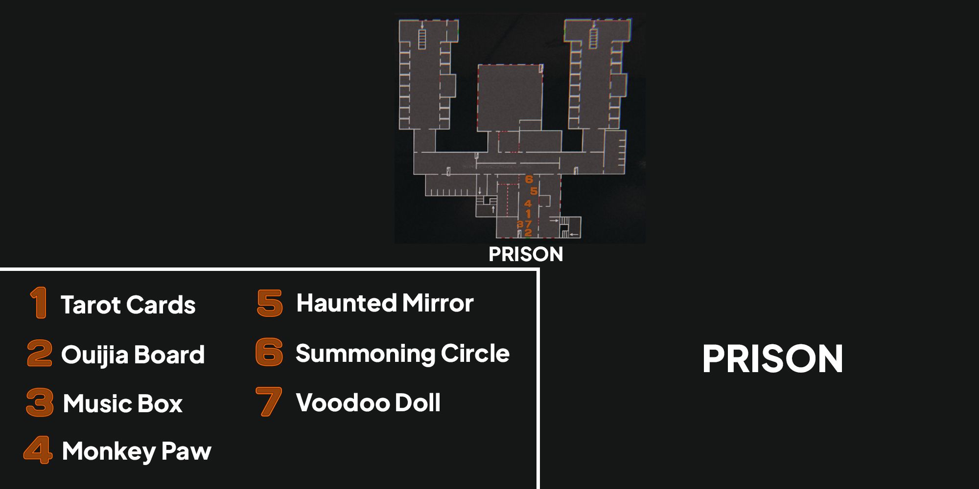 Image depicts a map of the Prison in Phasmophobia with orange numbers showing the locations of the seven cursed objects.