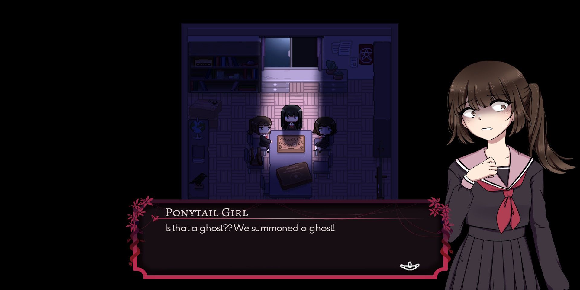 Worried character sitting around a table in Project Kat - Paper Lily Prologue