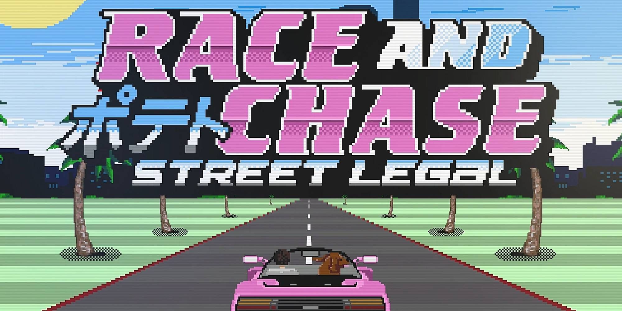A colourful splash screen of Race and Chase showing a road and a pink car driving down it